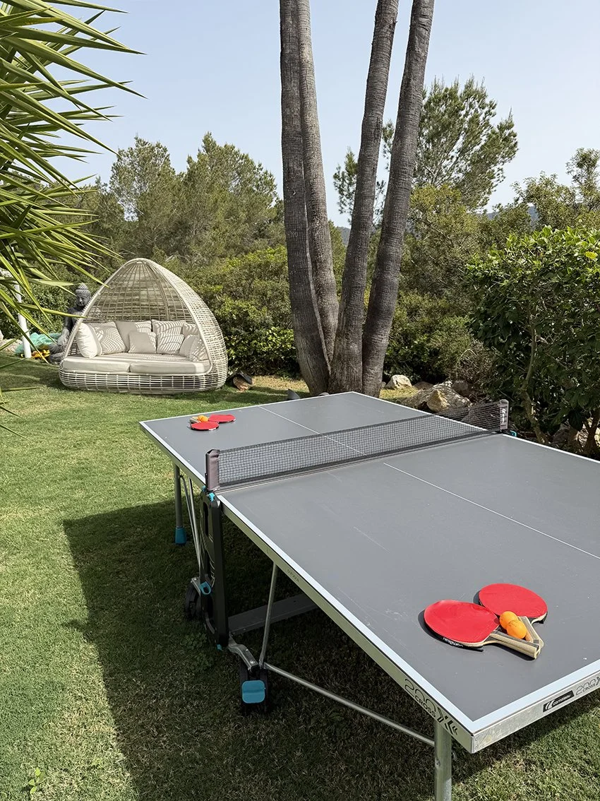 Outdoor backyard scene with a gray ping pong table, two red paddles, and a ball in the middle. In the background, there is a round wicker swing with cushions, set on a grassy area amidst trees and bushes.