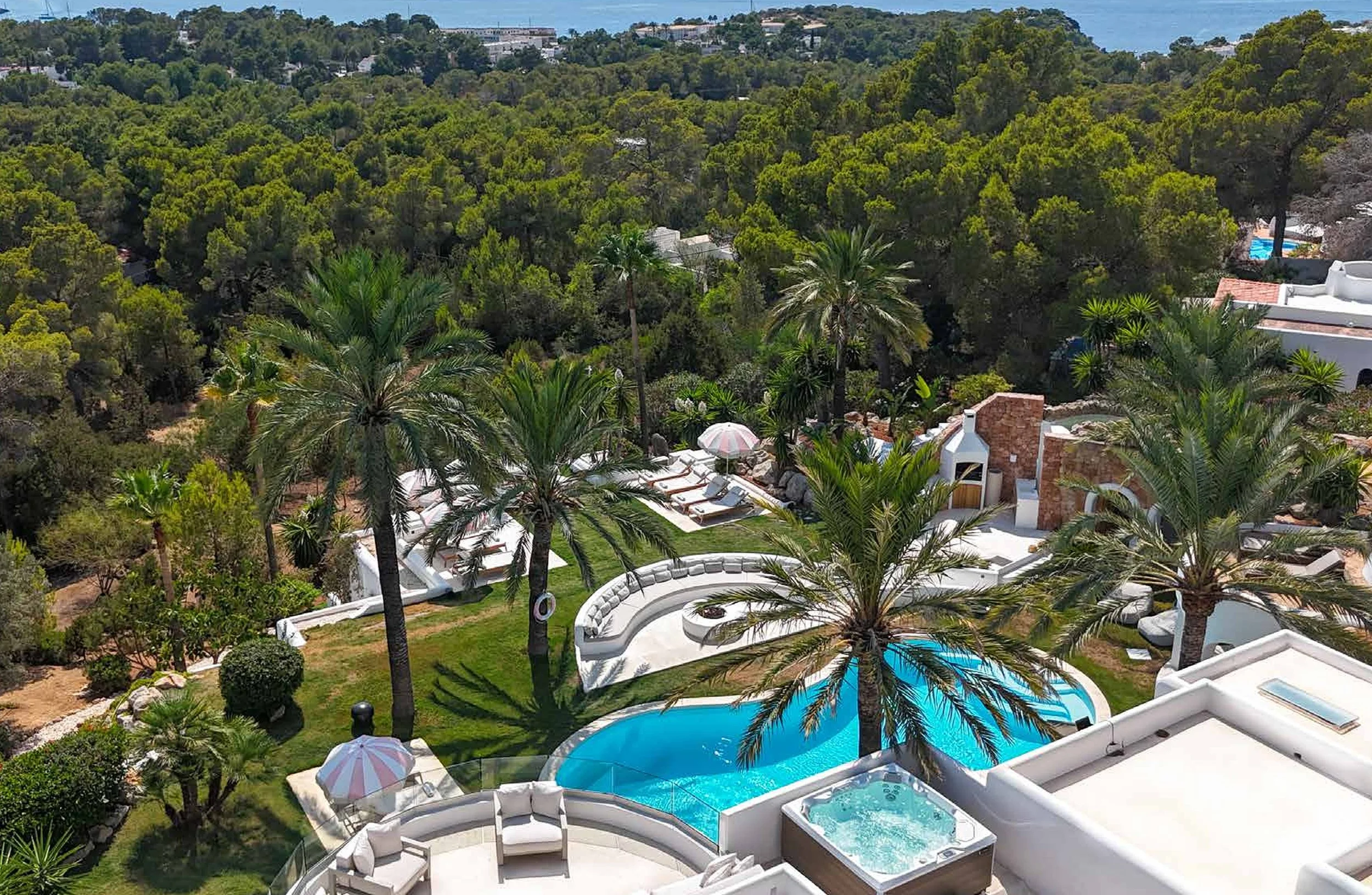 Aerial view of a luxury backyard with a swimming pool, hot tub, palm trees, lounge chairs with umbrellas, and lush greenery surrounding a white modern house.