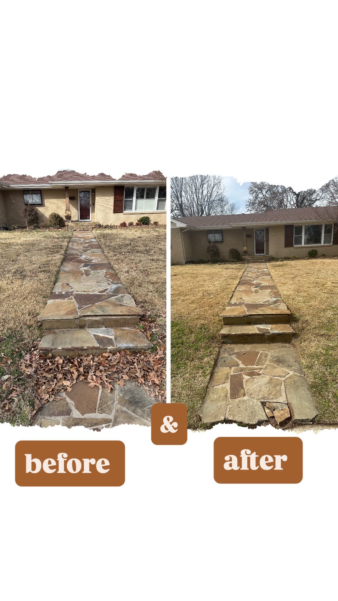 Side-by-side comparison of a stone pathway in front of a house, showing before and after renovation. The left side shows a pathway with cracks and leaves, the right side shows a repaired, even pathway.