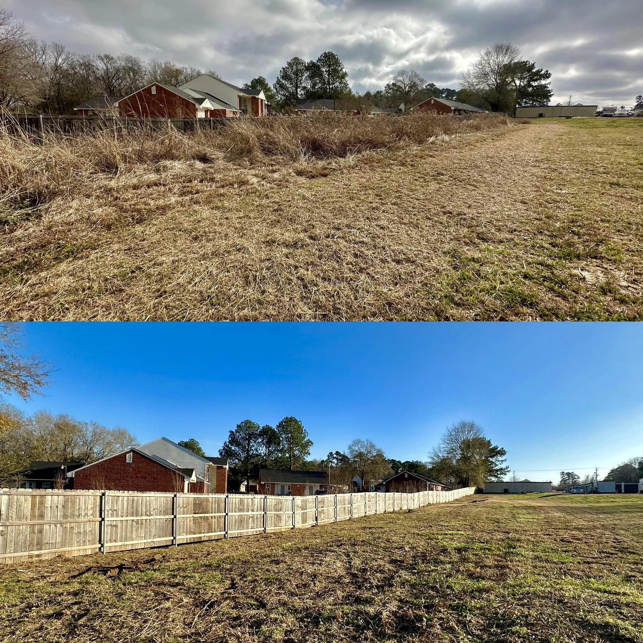 A backyard with a wooden fence, dry grass, and several houses with a gray clouded sky overhead.
