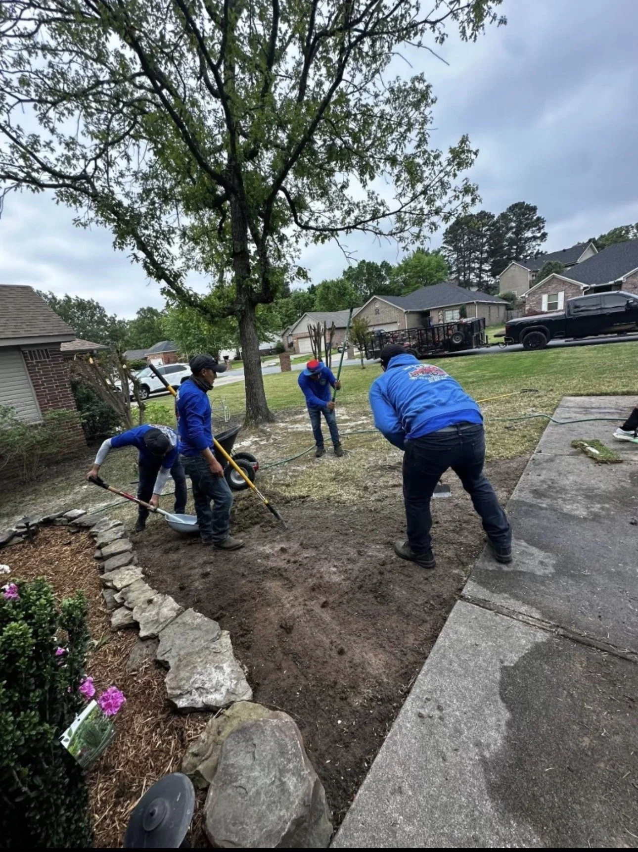 Group of people working on landscaping and gardening in a residential backyard, planting or preparing the soil, with trees, houses, and parked vehicles visible in the background.