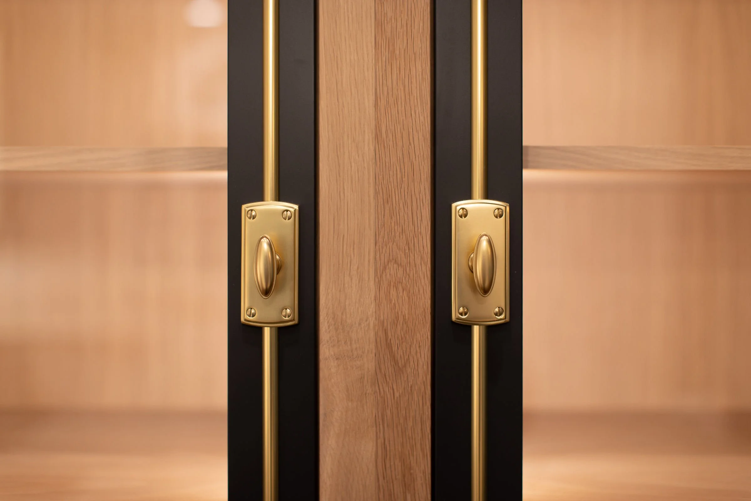 Close-up view of ornate double doors with brass handles, black trim, and wooden panels.