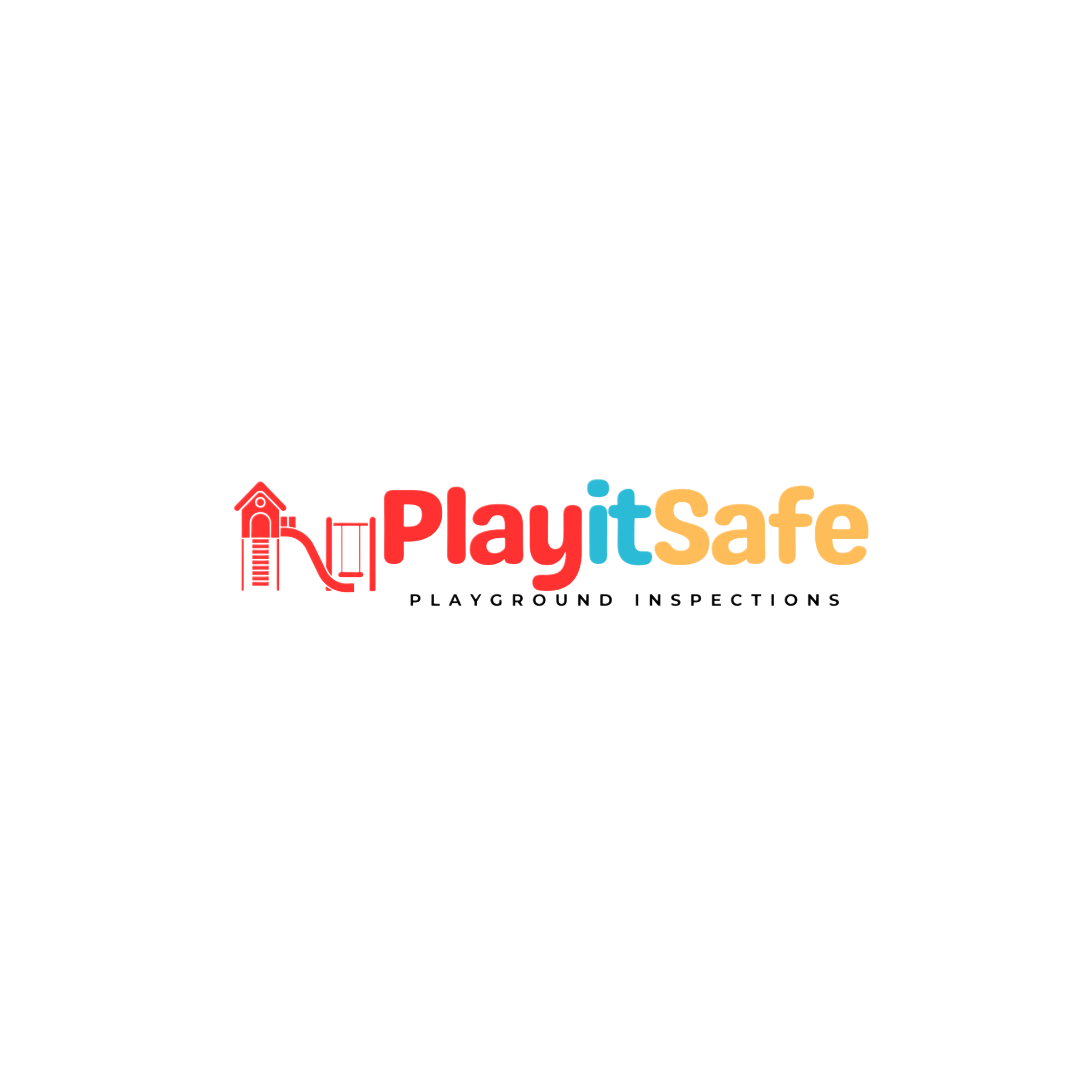Logo for PlayItSafe Playground Inspections featuring a red playground slide and house icon, with the text 'PlayItSafe' in colorful letters and 'Playground Inspections' underneath.
