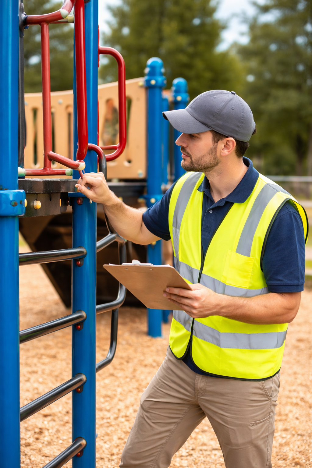 A man inspecting a playground structure at a park, holding a clipboard and wearing a safety vest and cap.