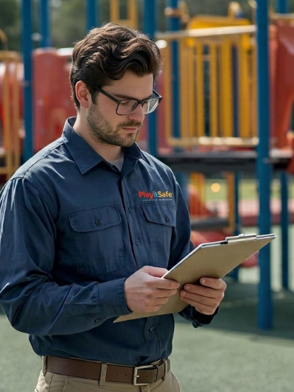 A man wearing glasses and a navy blue shirt with a PlayItSafe logo, standing outdoors at a playground, holding and reading a clipboard.