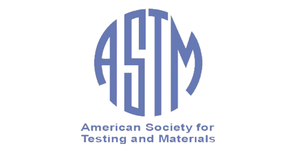 Logo of the American Society for Testing and Materials featuring a globe with the organization's initials, and the full name written below.