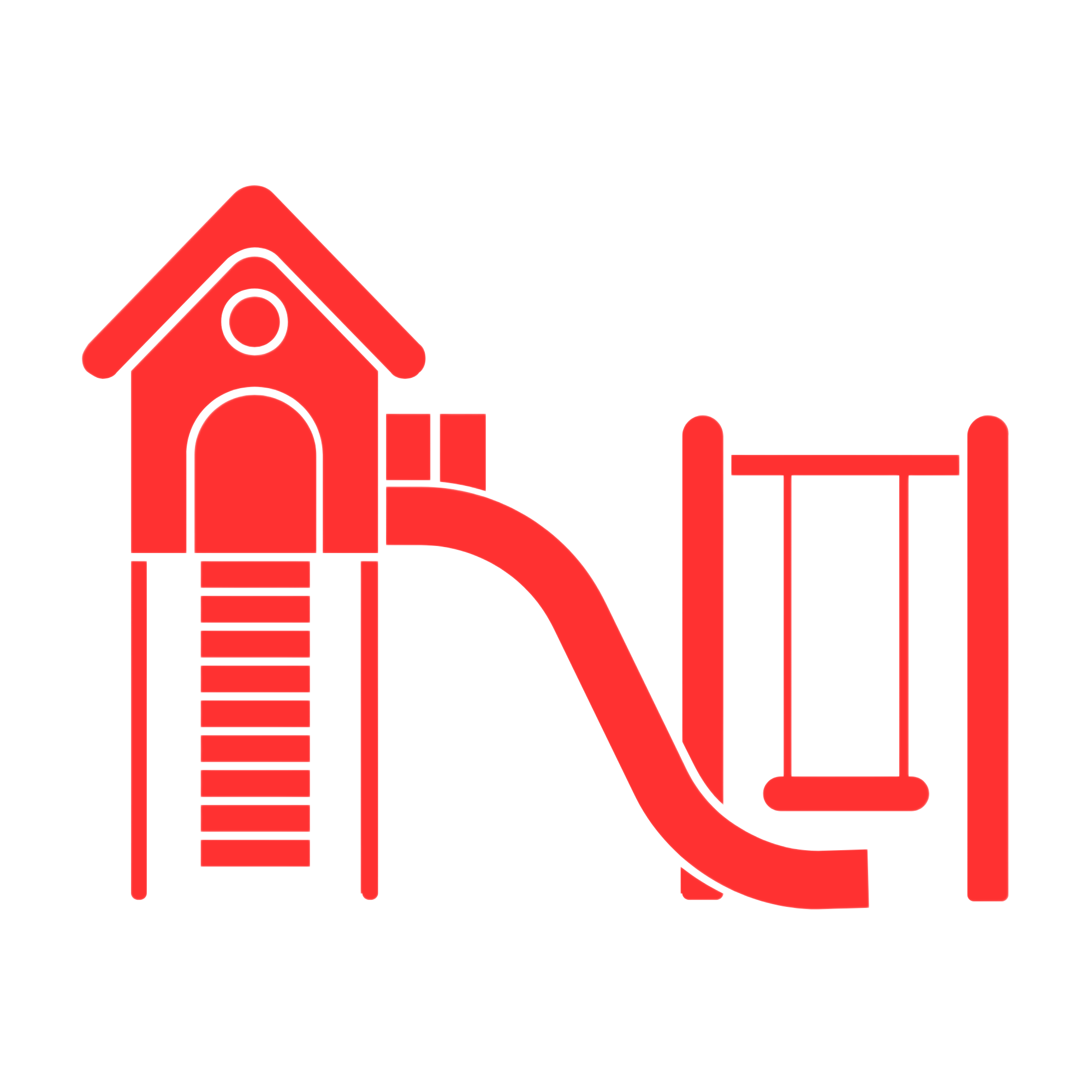 Red playground slide shaped like a house with stairs, slide, and swing, on a black and gray background.