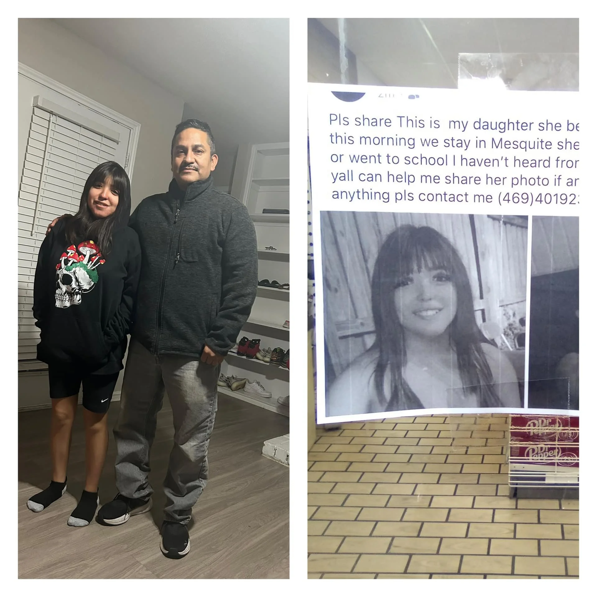 A man and a girl standing in a room with a white door, shelves with shoes, and wooden flooring. The girl is wearing a black hoodie with a skull design, black shorts, and socks. The man is wearing a dark gray zip-up jacket, gray pants, and black shoes.
