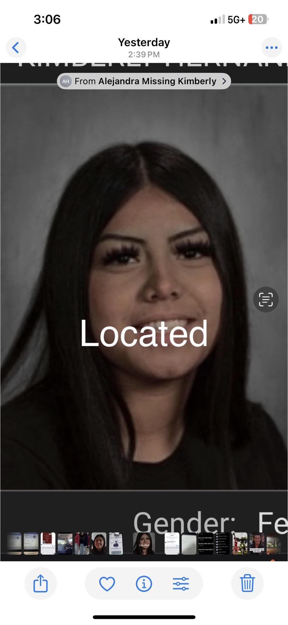 A woman with long dark hair and makeup, smiling, with the word 'Located' overlayed on her face. The phone screen shows a messaging app and a photo gallery.
