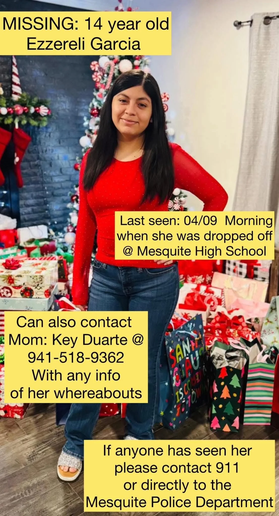 A girl with long dark hair wearing a red top and jeans standing in front of Christmas decorated tree and presents, with missing person alert signs overlayed.