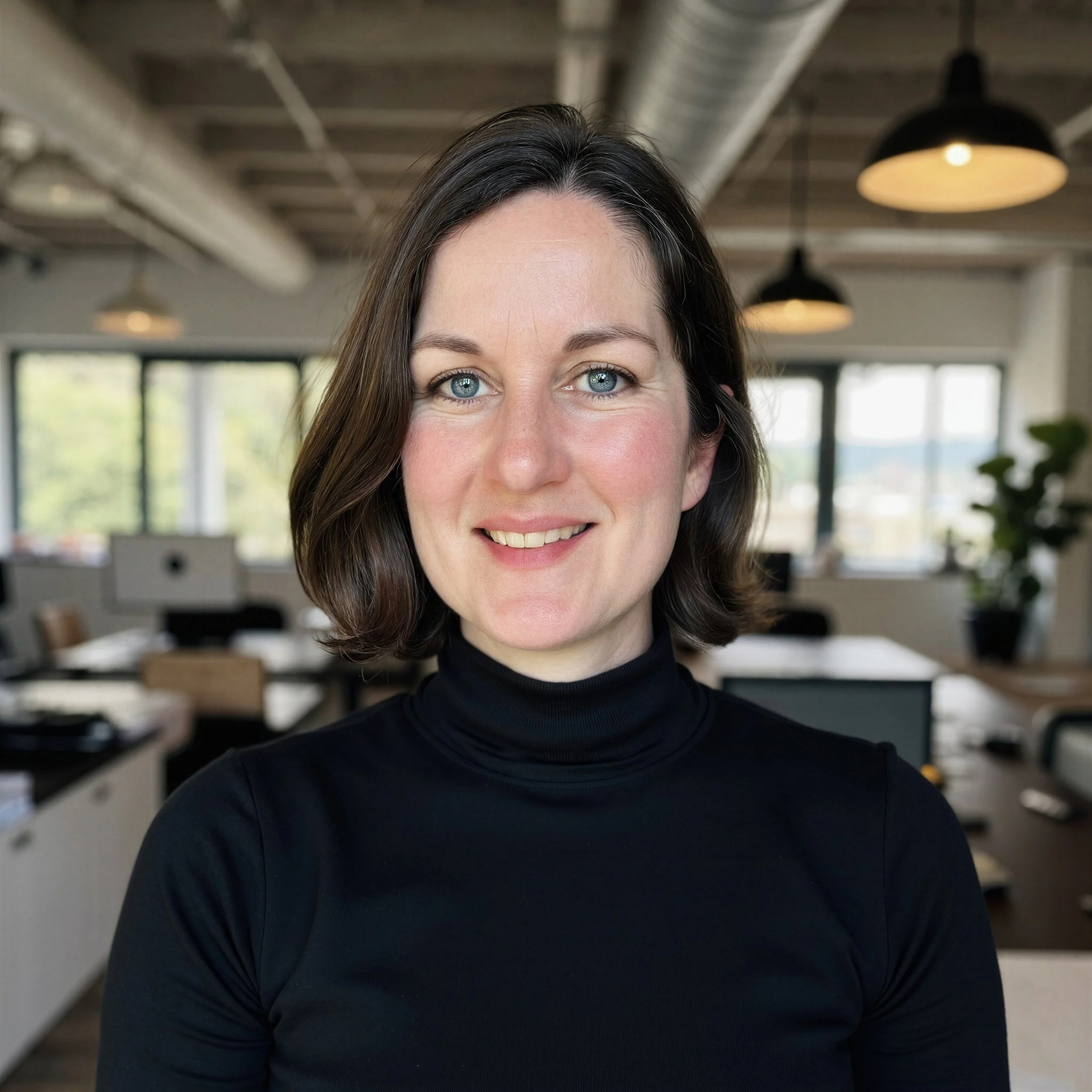 Close-up of a woman with blue eyes and dark brown hair, wearing a turtleneck, inside a modern industrial-style office with large windows and hanging black lamps.