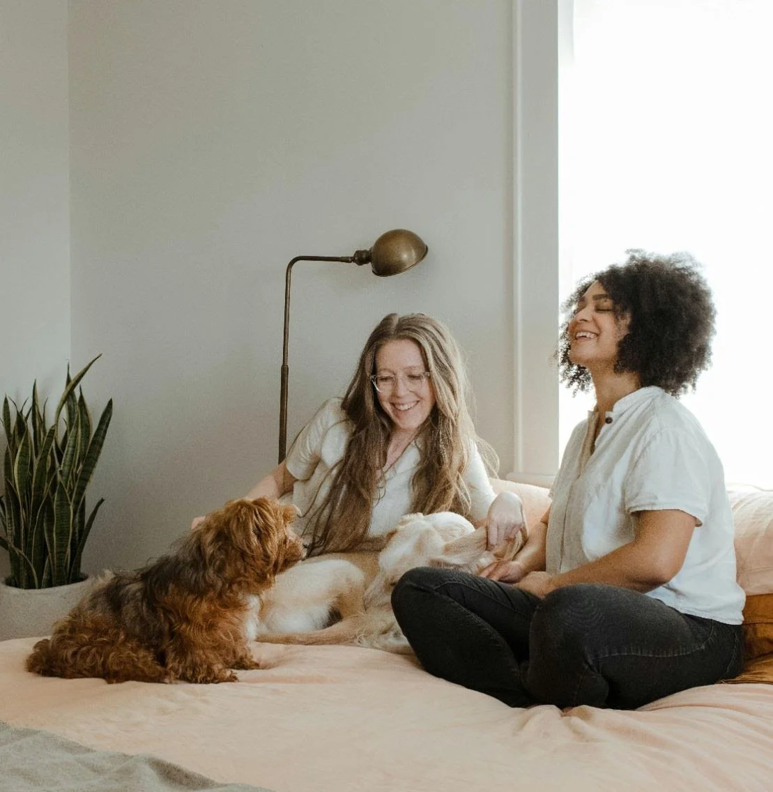 lesbian couple laughing on a bed with their dog