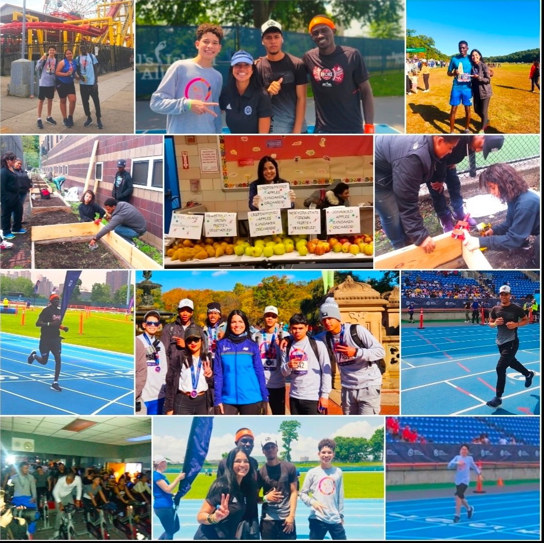 Collage of photos showing people participating in outdoor sports events, running races, and visiting a farm stand with apples and produce.