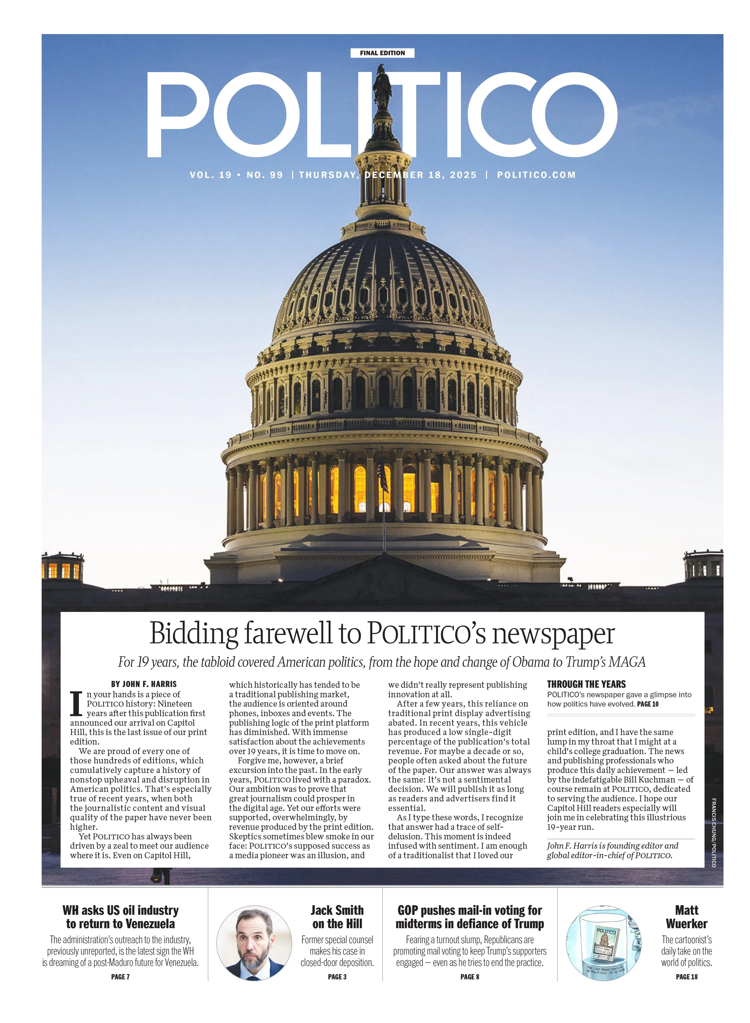Cover of Politico magazine featuring a large Capitol building dome at sunset with the headline 'Bidding farewell to Politico's newspaper' and a subheading about the newspaper's history and future.