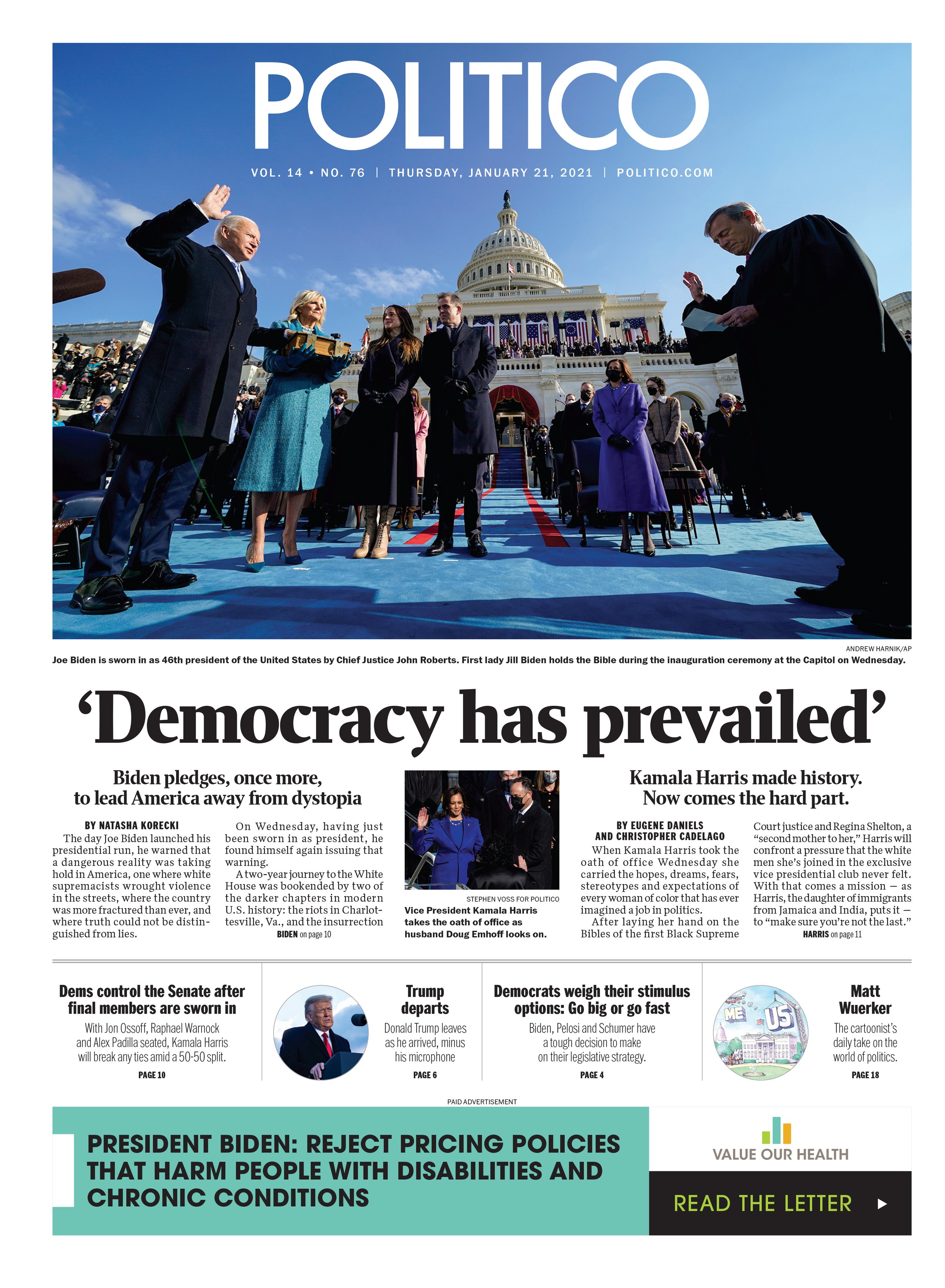 Front page of POLITICO newspaper featuring a photograph of President Joe Biden and First Lady Jill Biden during the inauguration ceremony at the Capitol, with the Capitol building in the background.