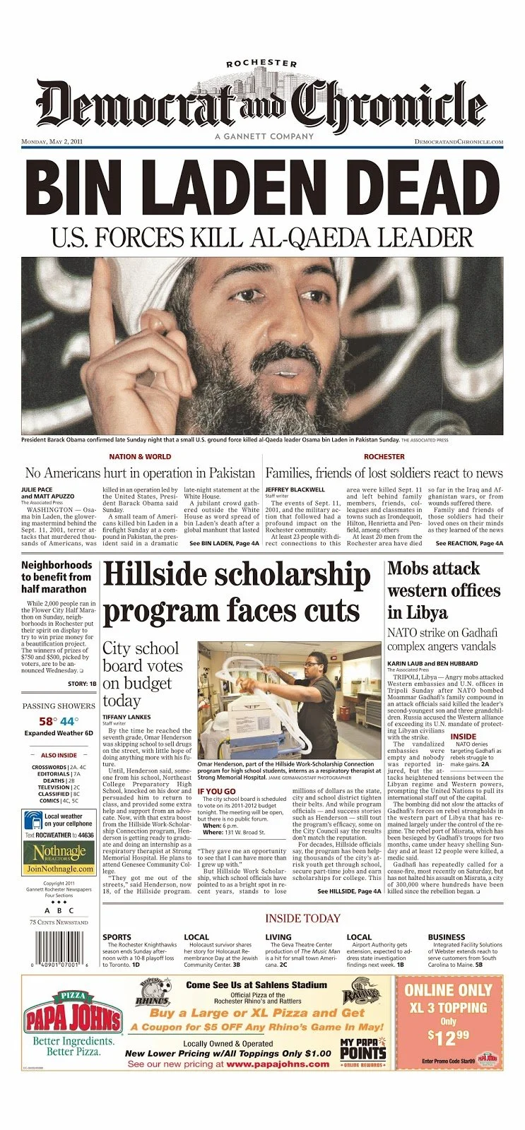 Front page of the Rochester Democrat and Chronicle newspaper from May 2, 2011, with a headline about Bin Laden's death and U.S. forces killing him, featuring a large photo of Osama Bin Laden and additional articles below.