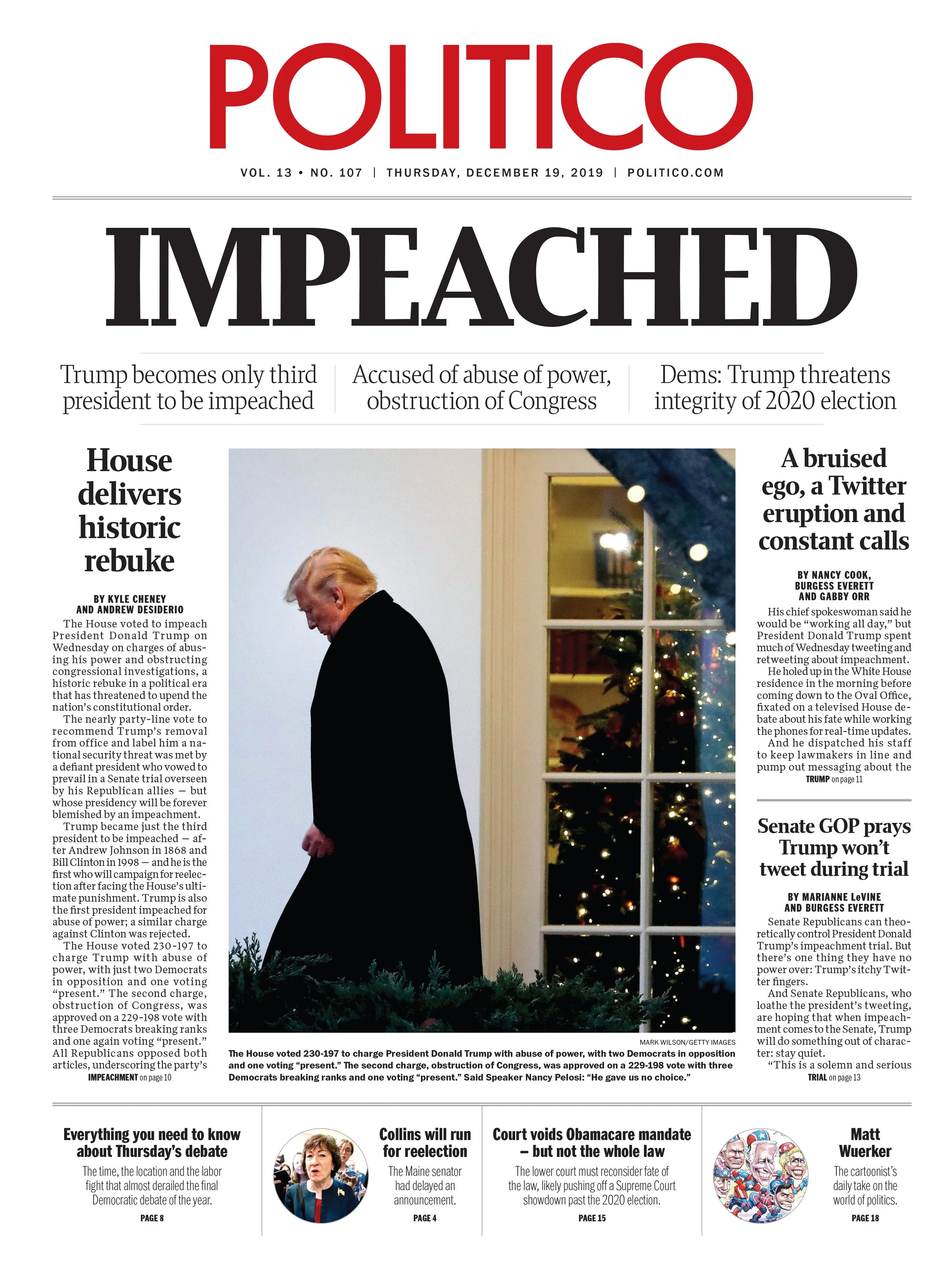 Front page of Politico newspaper with headline 'Impeached,' featuring a photo of President Donald Trump walking in front of a window with Christmas decorations. Various articles and headlines about impeachment and politics are also visible.