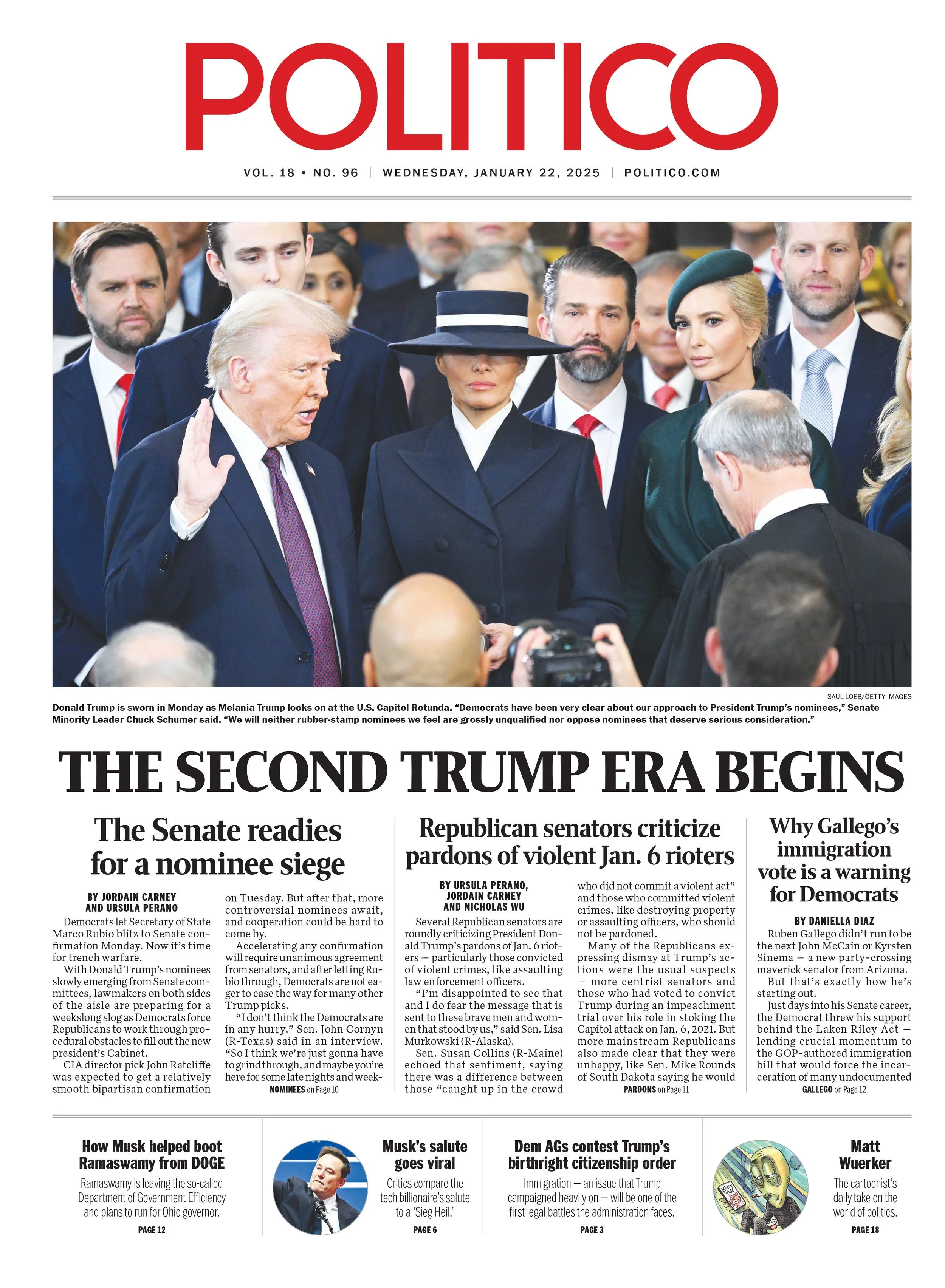 Front page of Politico newspaper with a photo of Donald Trump and Melania Trump in a crowd, with other officials behind them, during a swearing-in ceremony at the U.S. Capitol Rotunda on January 22, 2025.