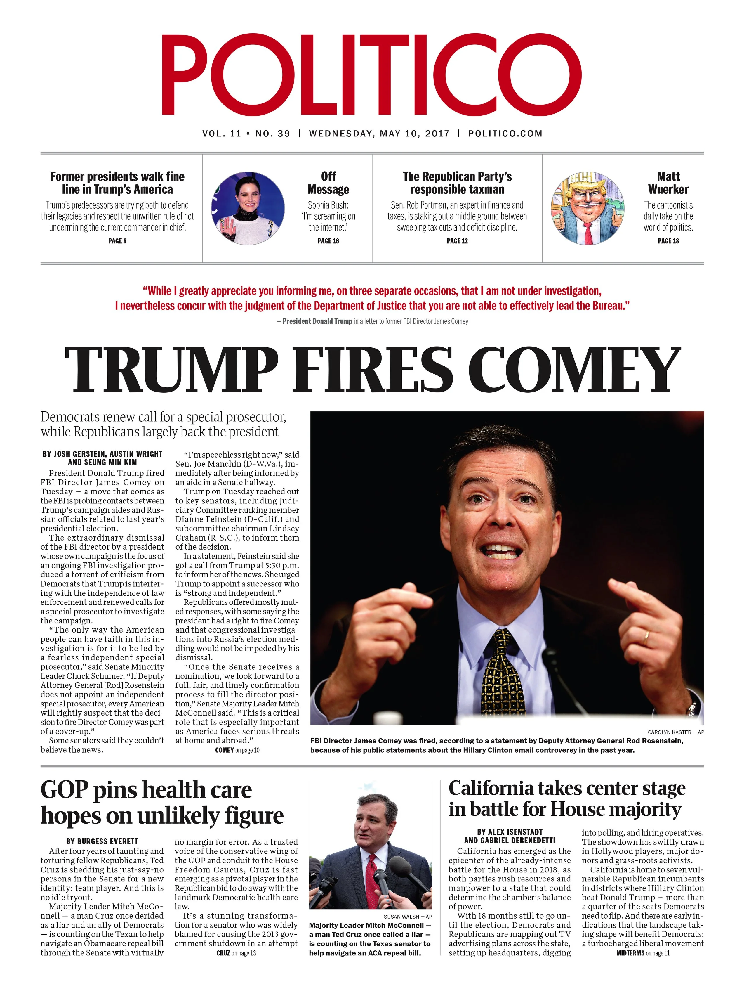 Front page of Politico newspaper, dated Wednesday, May 10, 2017, featuring headline 'Trump Fires Comey' with a photo of FBI Director James Comey speaking at a press conference.