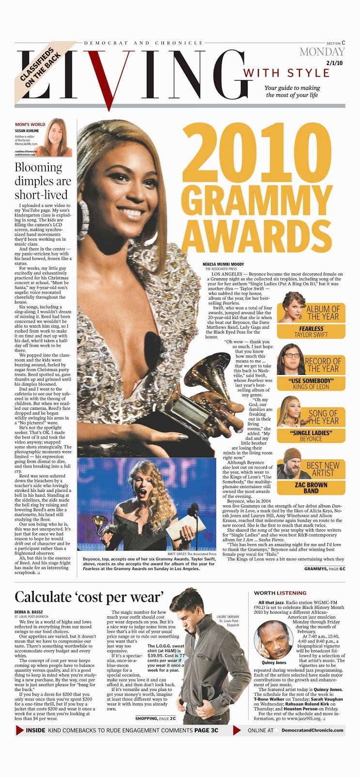 Cover of the 2010 Grammy Awards edition of Living With Style magazine featuring Beyoncé holding her Grammy, involving headlines about her awards, and including a photo of her and other music artists.