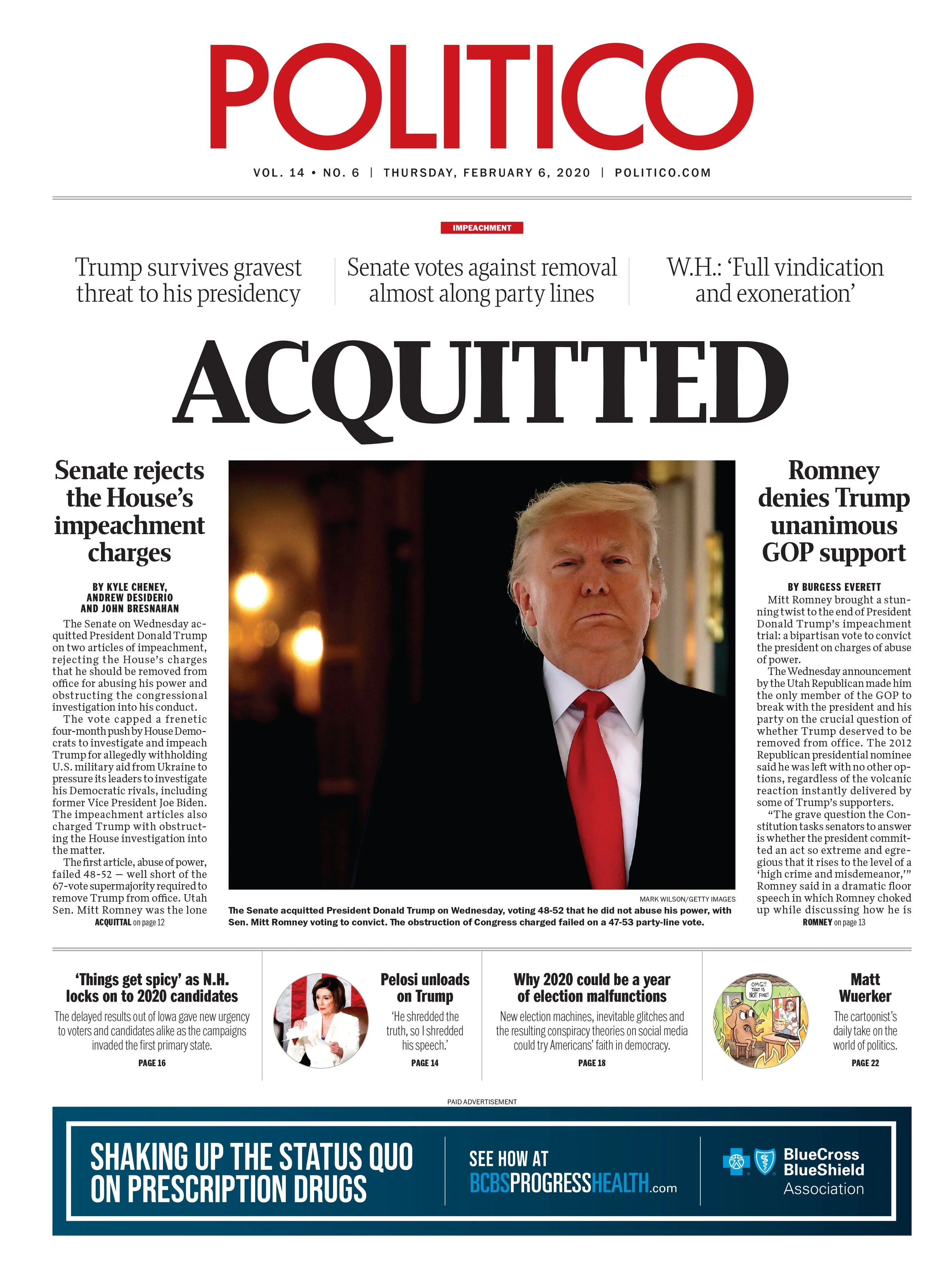Front page of Politico newspaper from February 6, 2020, featuring a headline 'ACQUITTED' with a photo of President Donald Trump at his impeachment trial.
