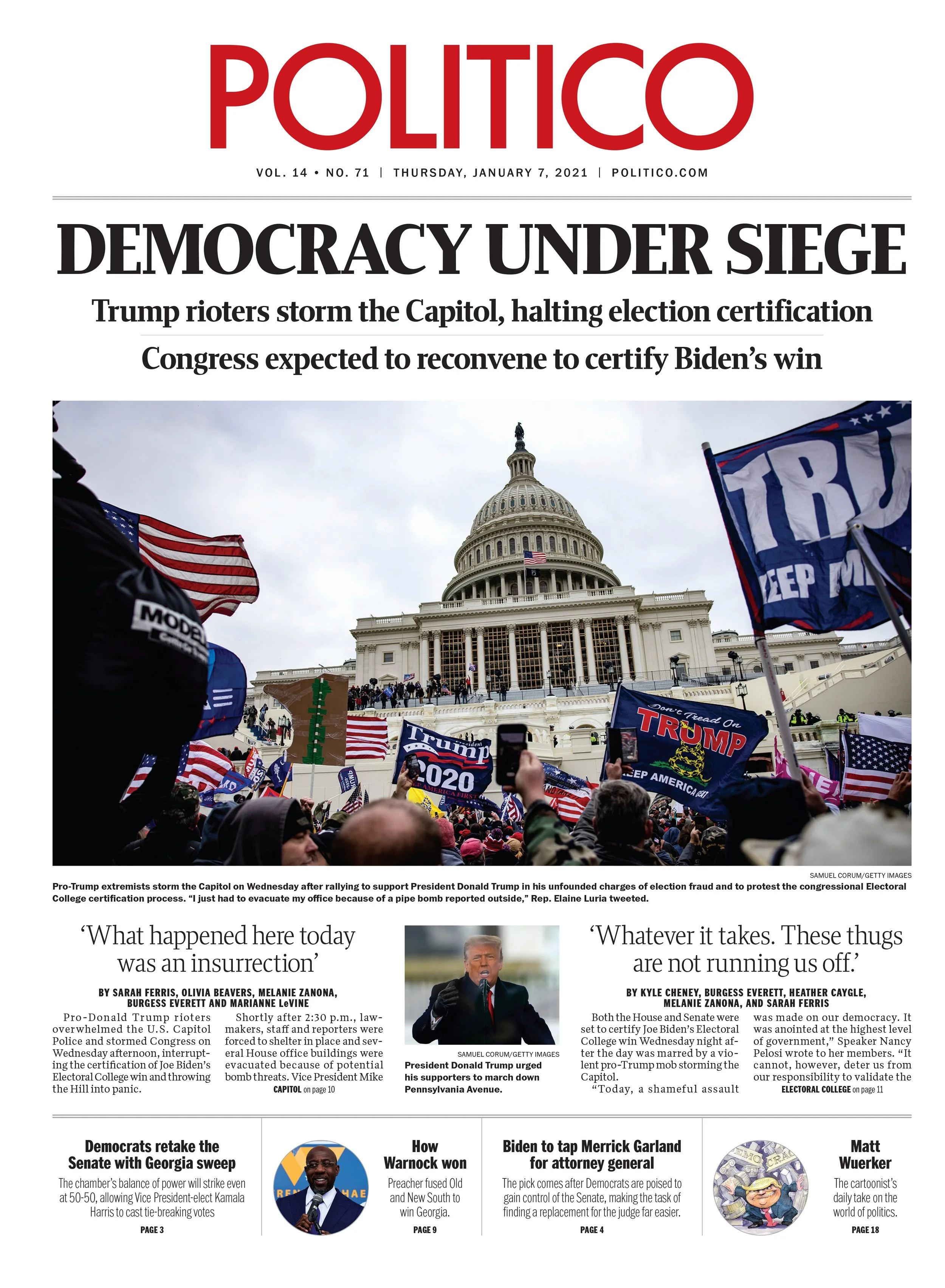 Front page of Politico newspaper dated January 7, 2021, featuring a large photo of the U.S. Capitol building during the Capitol riot, with flags and protesters outside.
