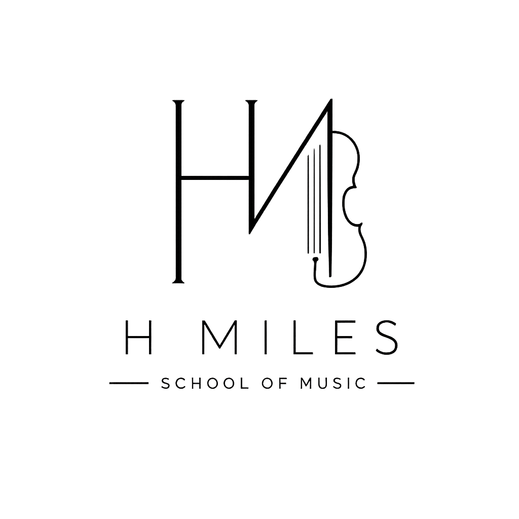 A logo for H Miles School of Music featuring a large stylized 'H' and a violin, with 'H Miles' and 'School of Music' written below.
