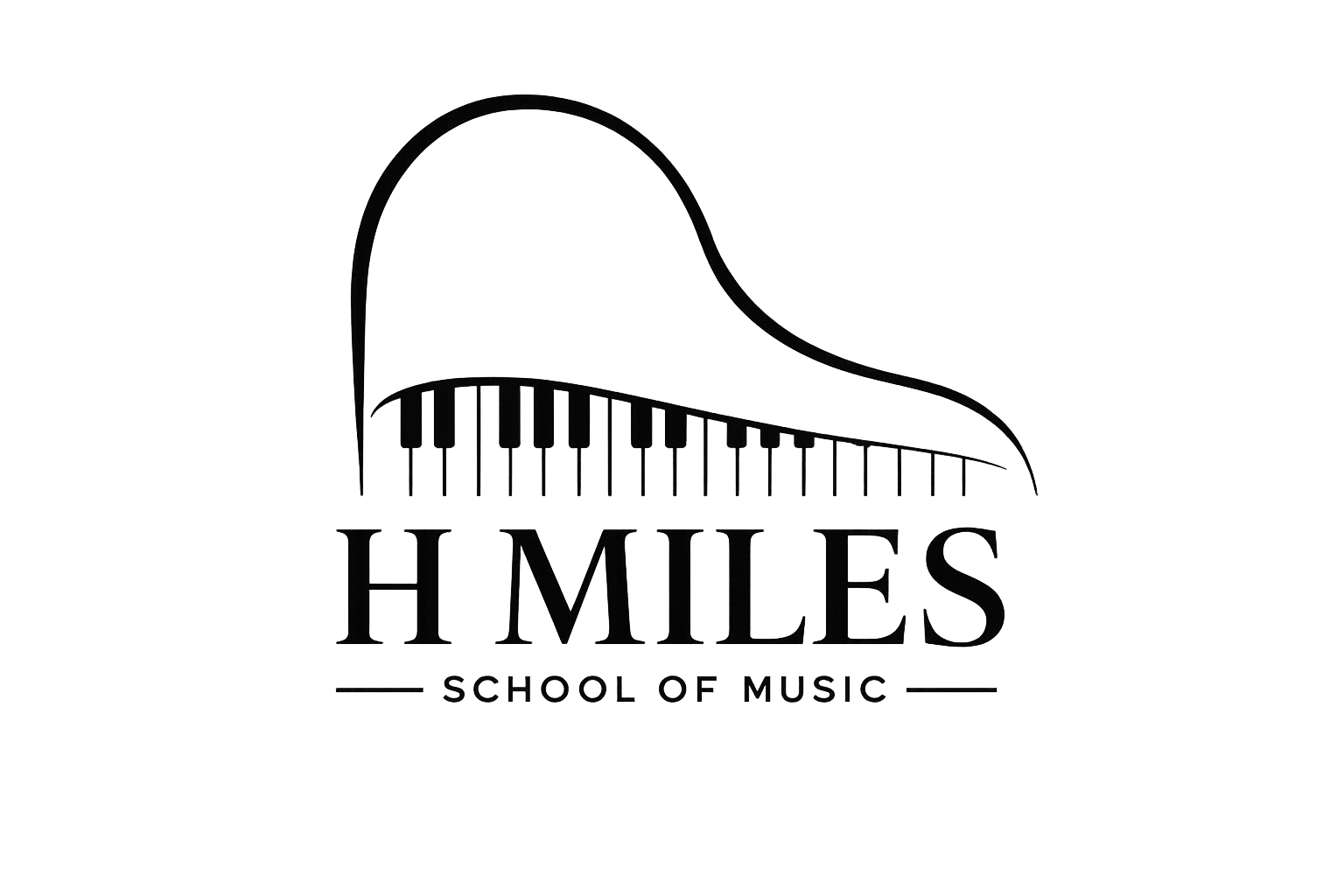 Logo for Hmiles School of Music featuring a stylized grand piano and text.