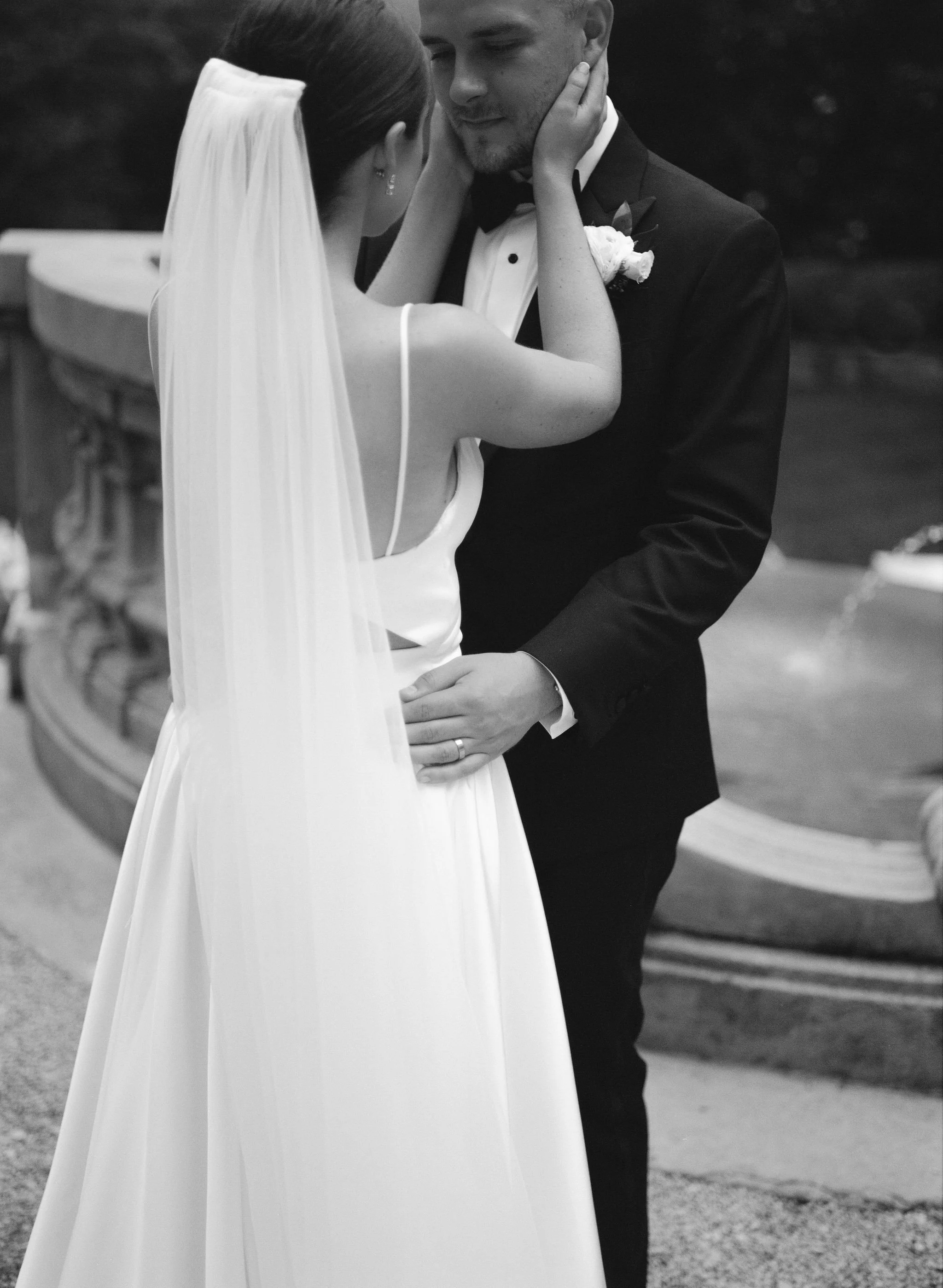 Bride and groom portrait at Swan House Atlanta with historic estate architecture and romantic garden setting 