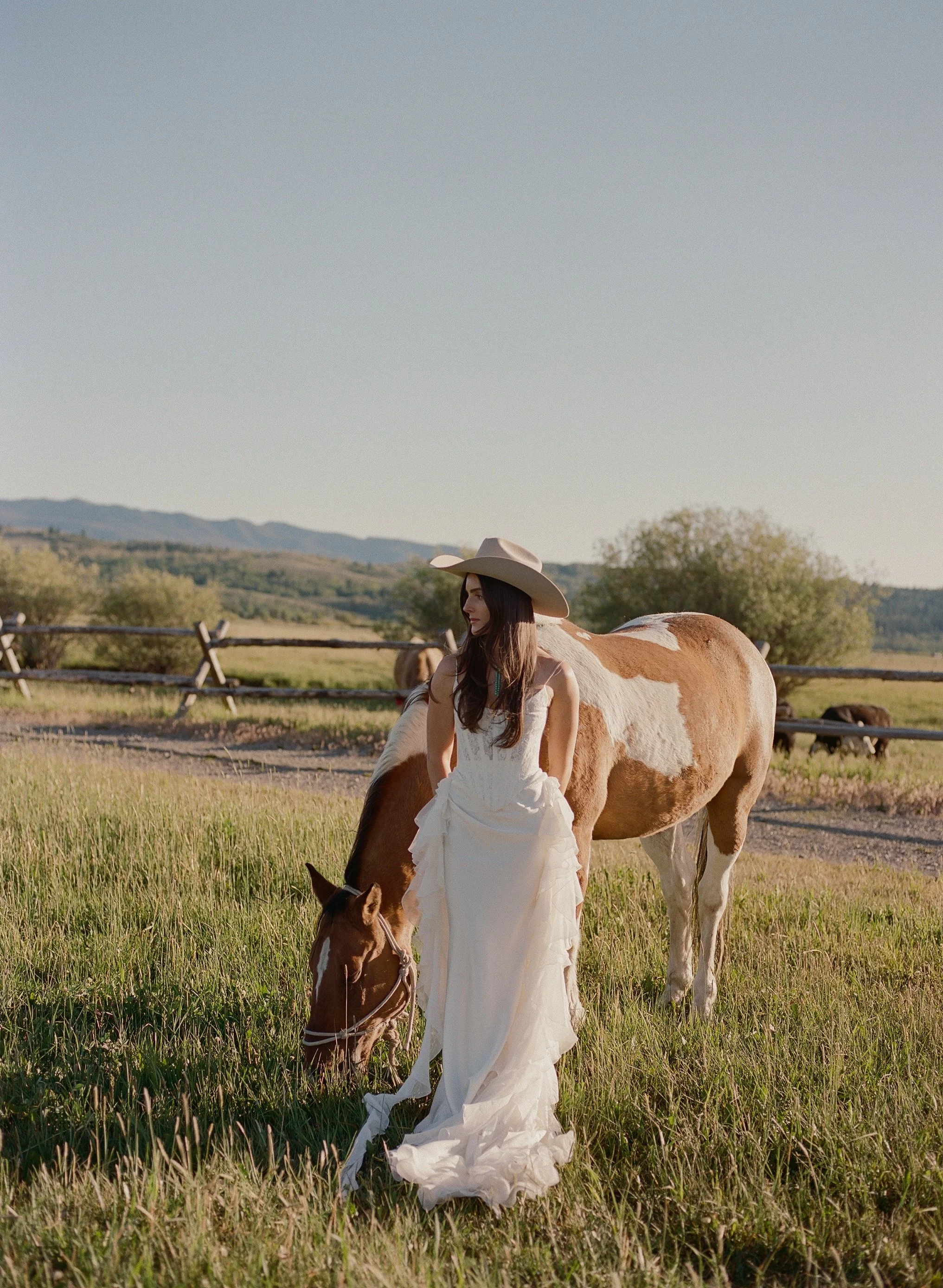 Diamond Cross Ranch Western Wedding, Bride with Horse, Jackson Hole Wedding Photographer, Montana Film Photographer, Western Bride