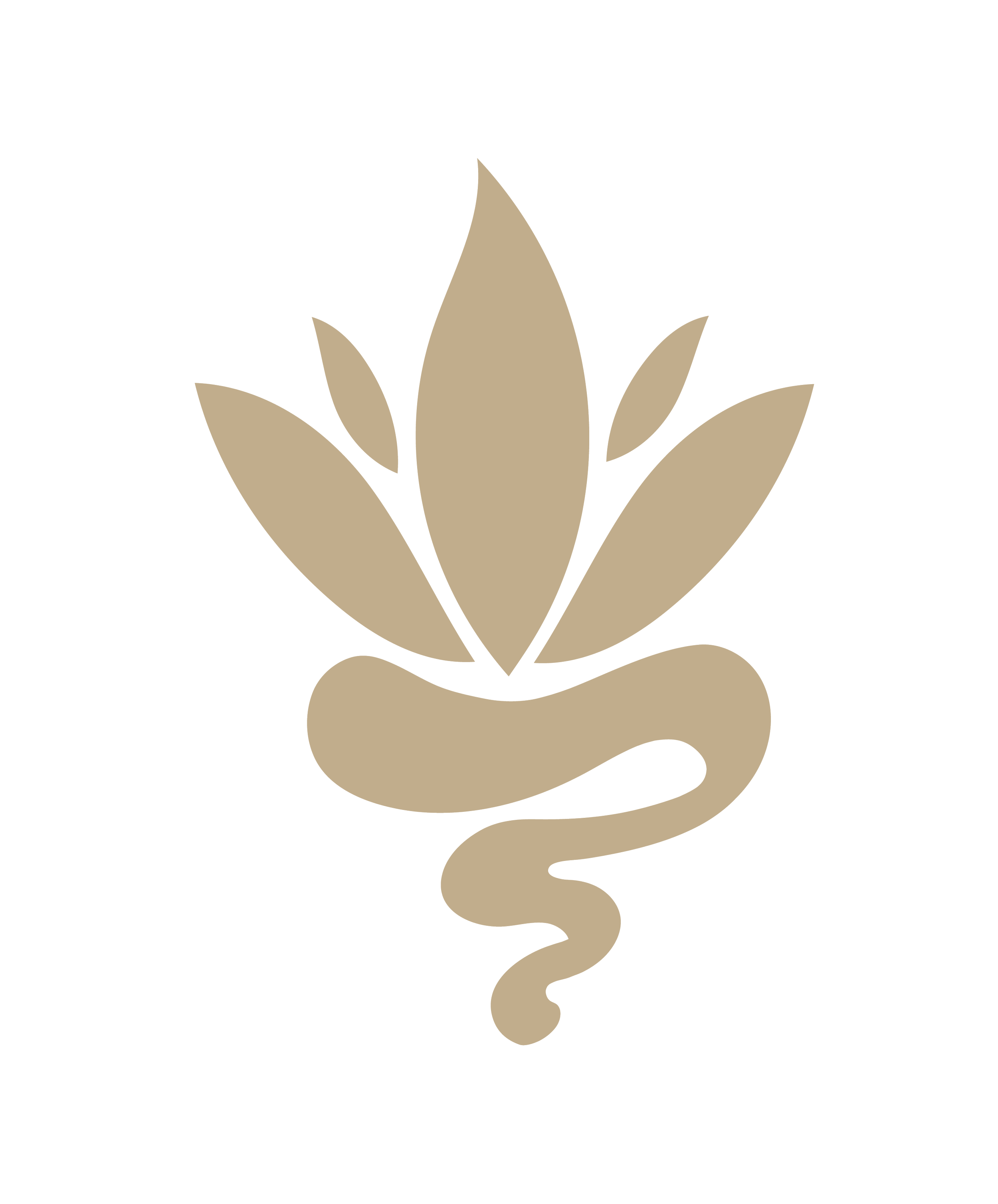 Simple graphic of a hand holding a stylized plant with large leaves that are beige, set against a black background.