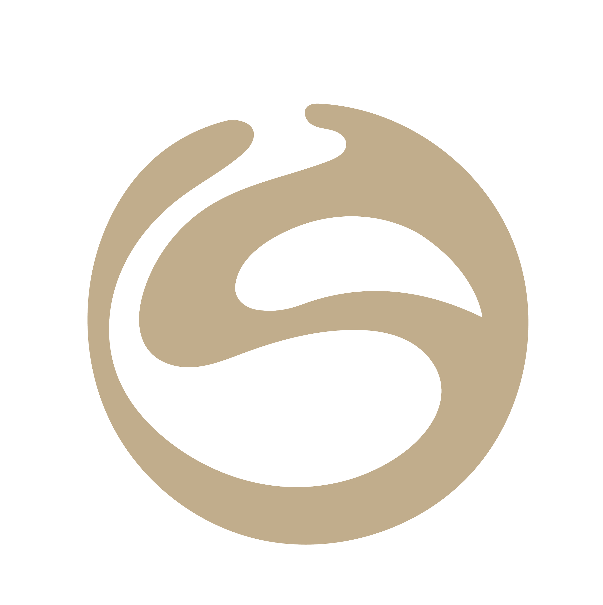 A beige abstract logo design featuring curved lines.