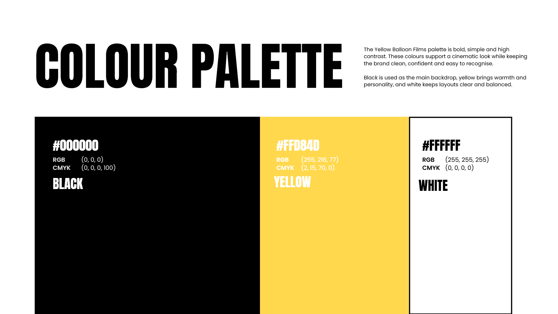 An informational graphic titled 'Colour Palette' showing three color swatches: black, yellow, and white, with their hex codes and color details. Black is labeled '#000000', yellow is labeled '#FFD84D', and white is labeled '#FFFFFF'. The text explains that the yellow palette is bold and high contrast, supporting a cinematic look while keeping the brand confident and easy to recognize, with black as the main backdrop and yellow bringing warmth.