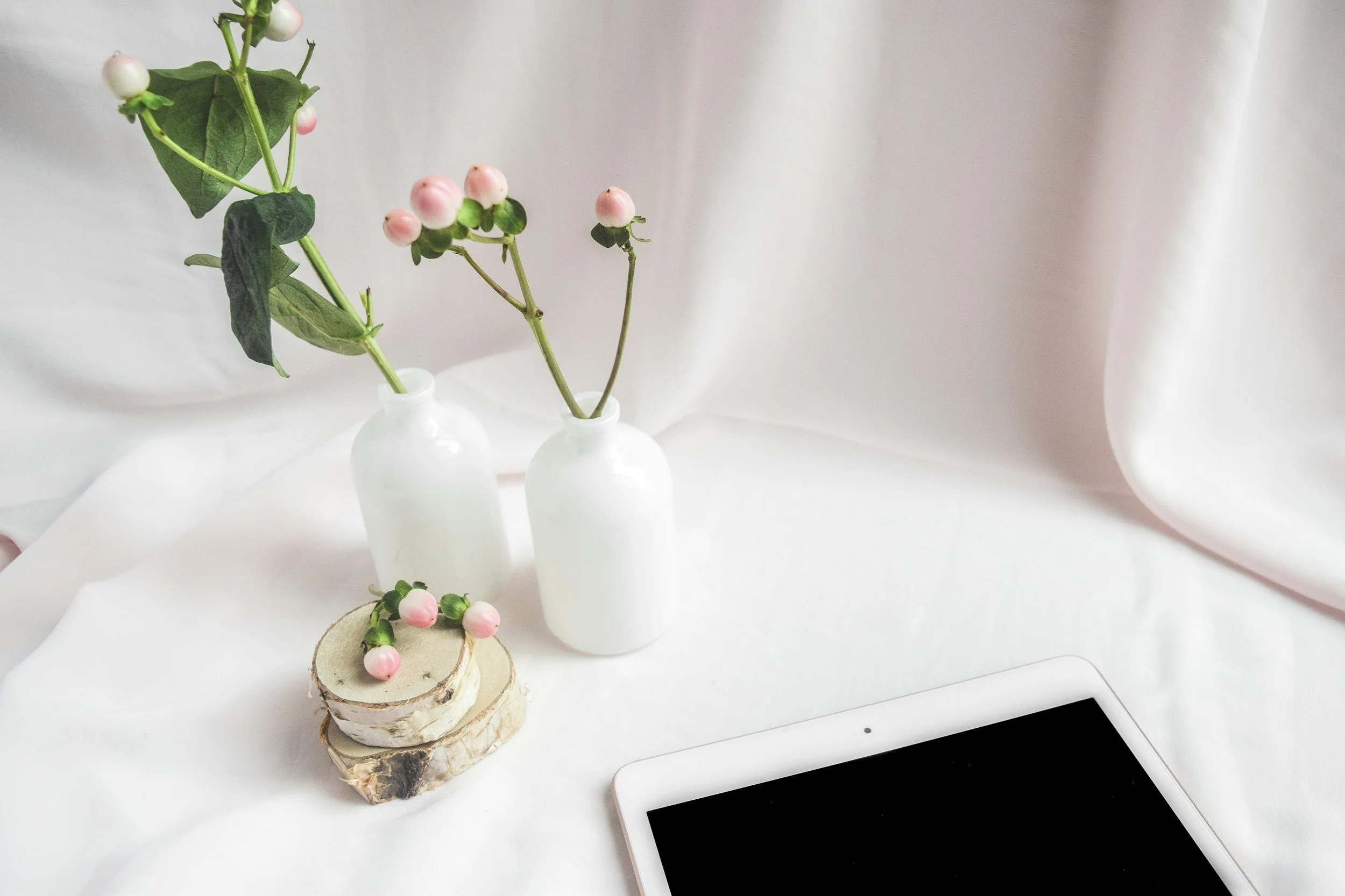 A white table holding three small vases with green leaves and pink berries, a wooden slice with pink berries, and two tablets with black screens, set against a white background.