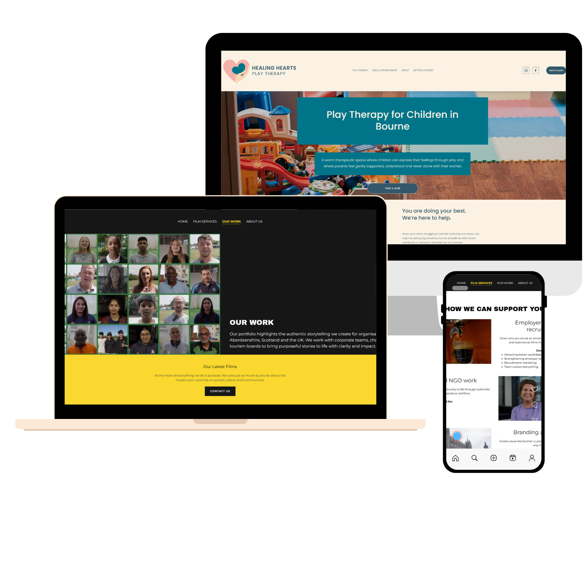 Website design mockups shown on a desktop, tablet, and mobile screen.