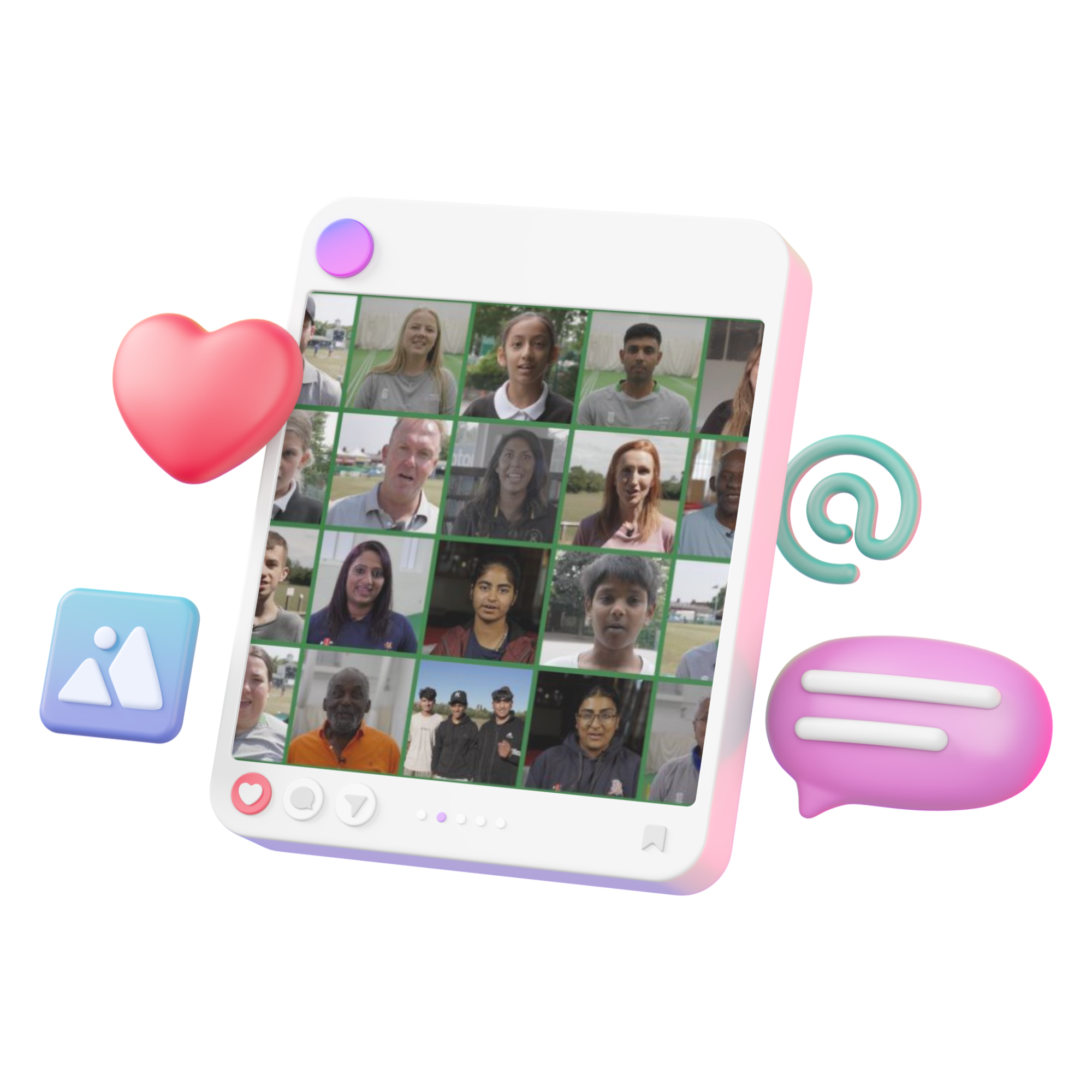A computer screen displaying a grid of diverse people's profile pictures, with icons for liking, commenting, sharing, and other social media functions, surrounded by colorful 3D app icons such as a heart, images, and a speech bubble.