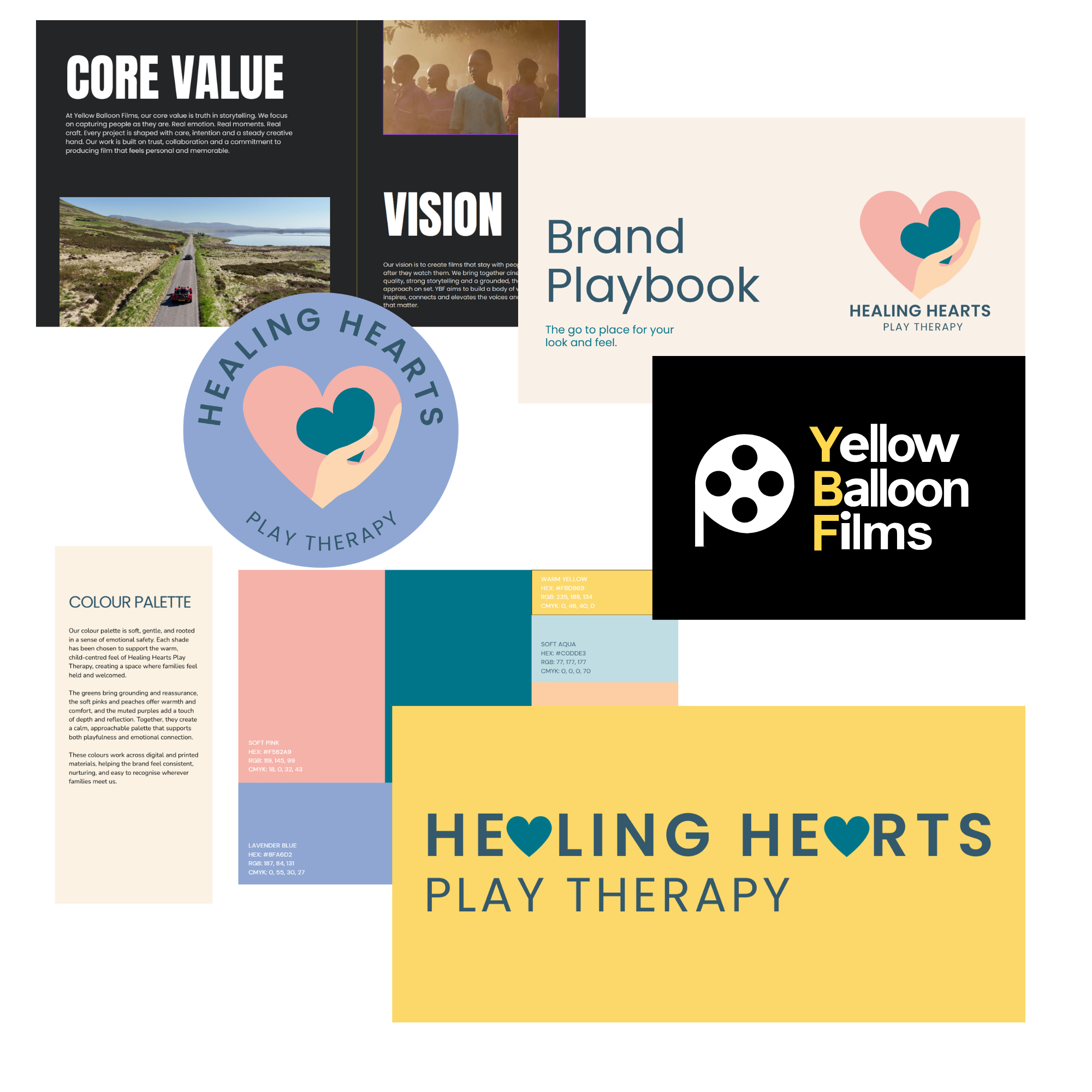 Collage of branding, marketing, and emotional wellness content about Healing Hearts Play Therapy with images of children, landscape, and color palette samples.
