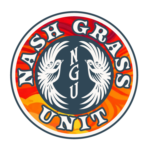 NGU Nash Grass Unit Logo with two mockingbirds and bright bold colors feature the bluegrass band