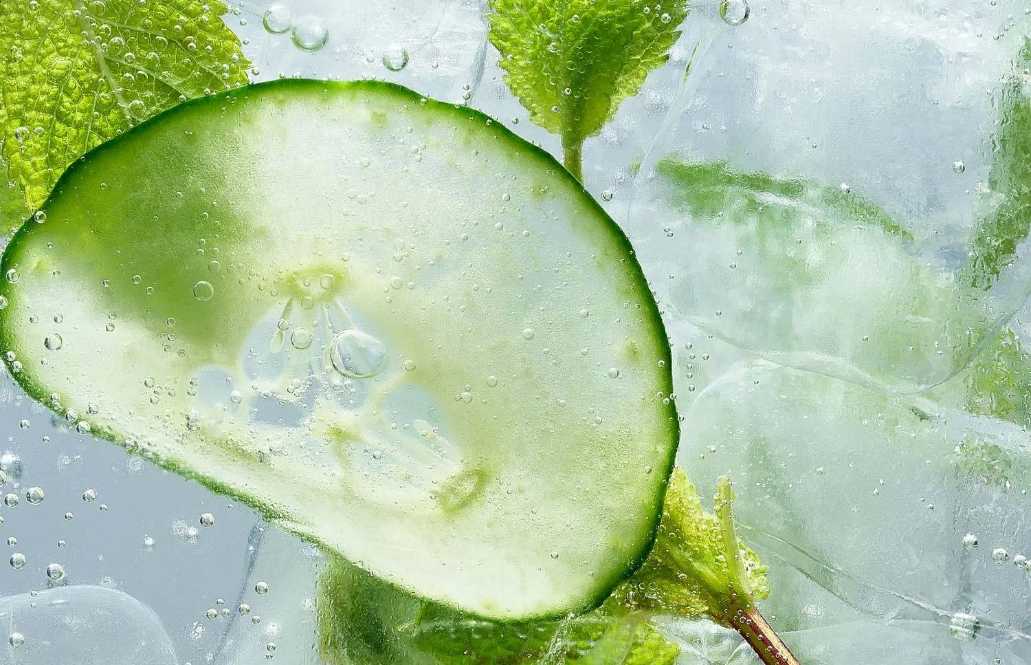 A close-up of a lime slice with bubbles, mint leaves, and ice in a clear beverage.