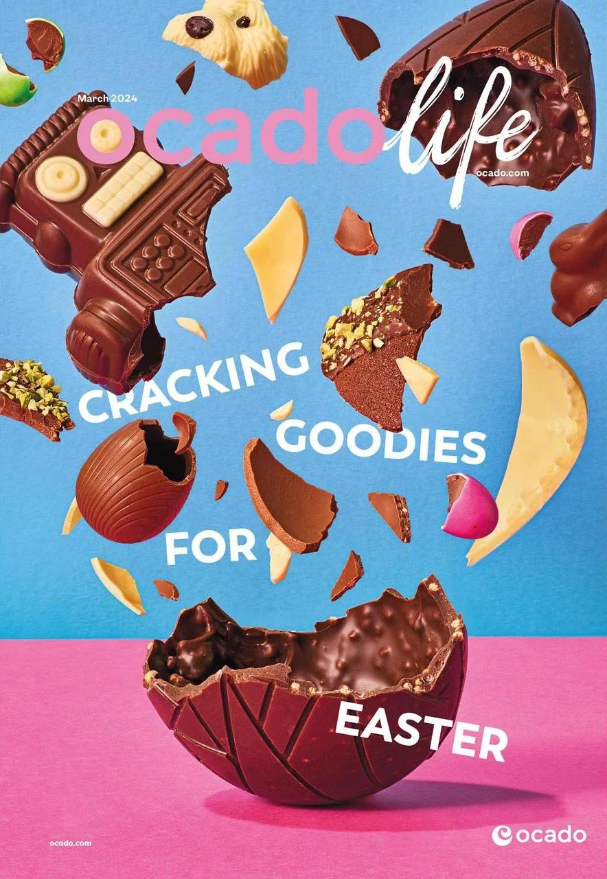 Colorful Easter-themed image with various broken chocolate candies and the text 'ocadolife cracking goodies for Easter' on a pink and blue background.
