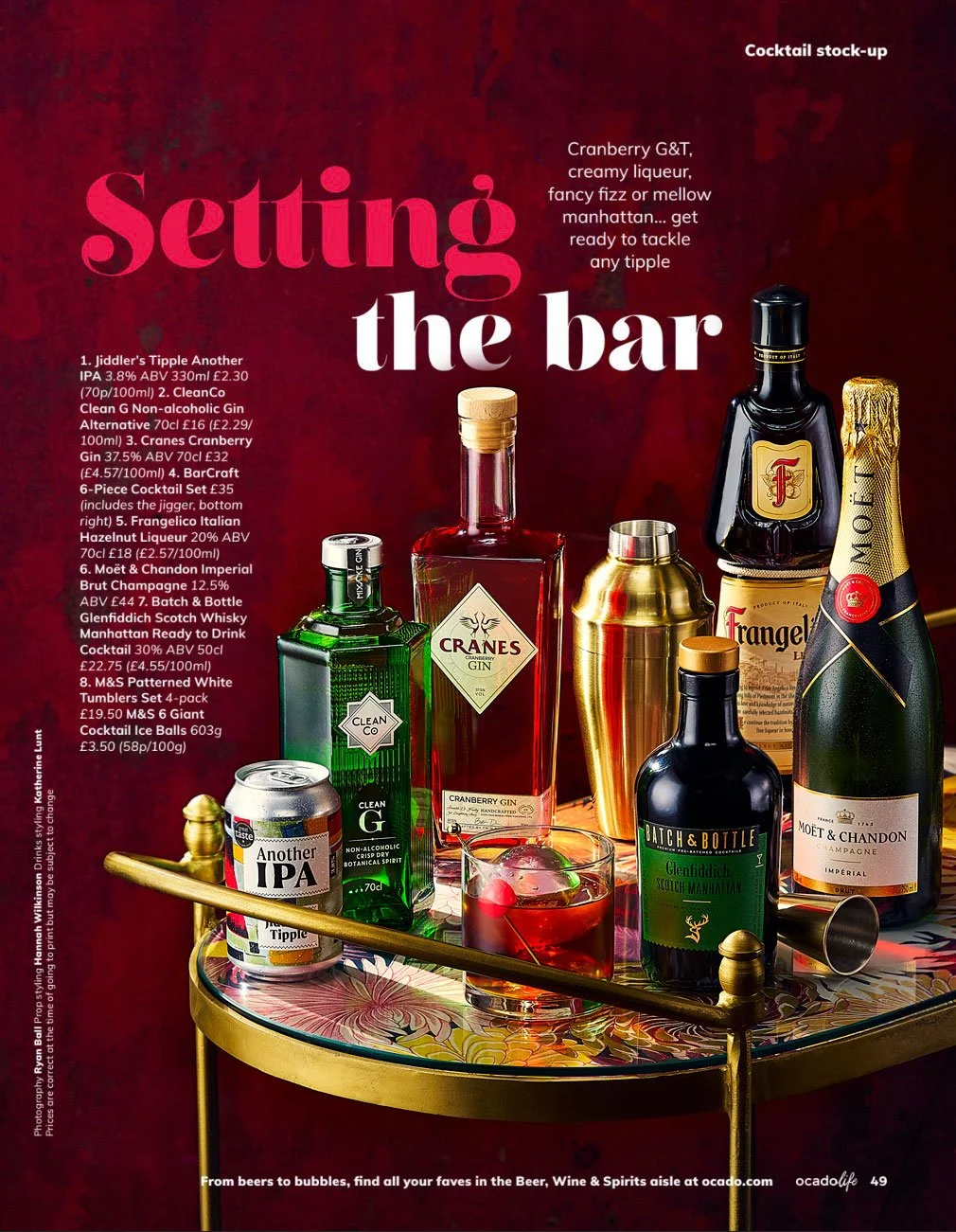 A cocktail bar setup with various bottles of alcohol, a glass of cocktail with cherries, and a golden tray. Includes gin, champagne, whisky, and liqueurs, with descriptive text and prices.