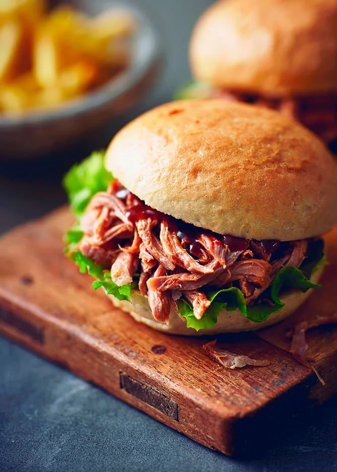 Ryan Ball food photographer — gourmet pulled pork burger lifestyle shot, commercial food photography South West