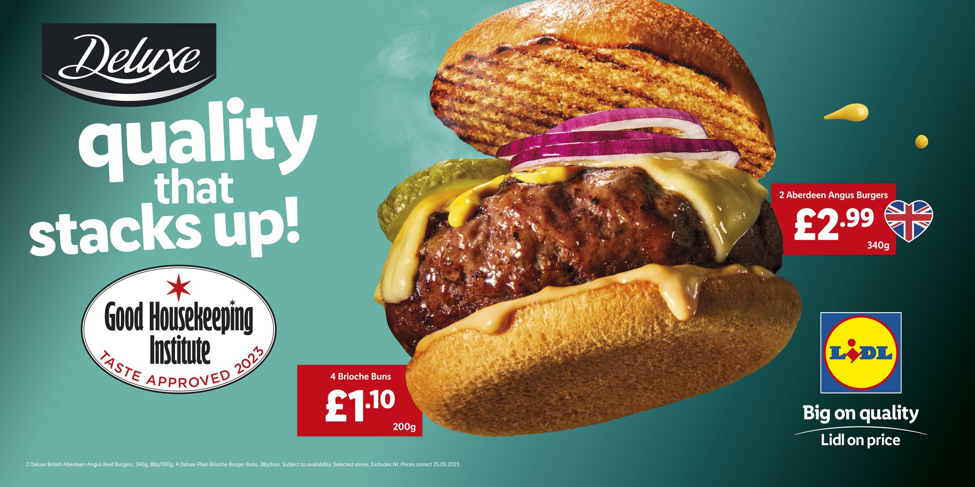 A hamburger with a grilled bun, Angus beef patty, melted cheese, pickles, onions, and mustard in a brioche bun. The advertisement promotes two Angus burgers for £2.99, four brioche buns for £1.10, and features Lidl branding.