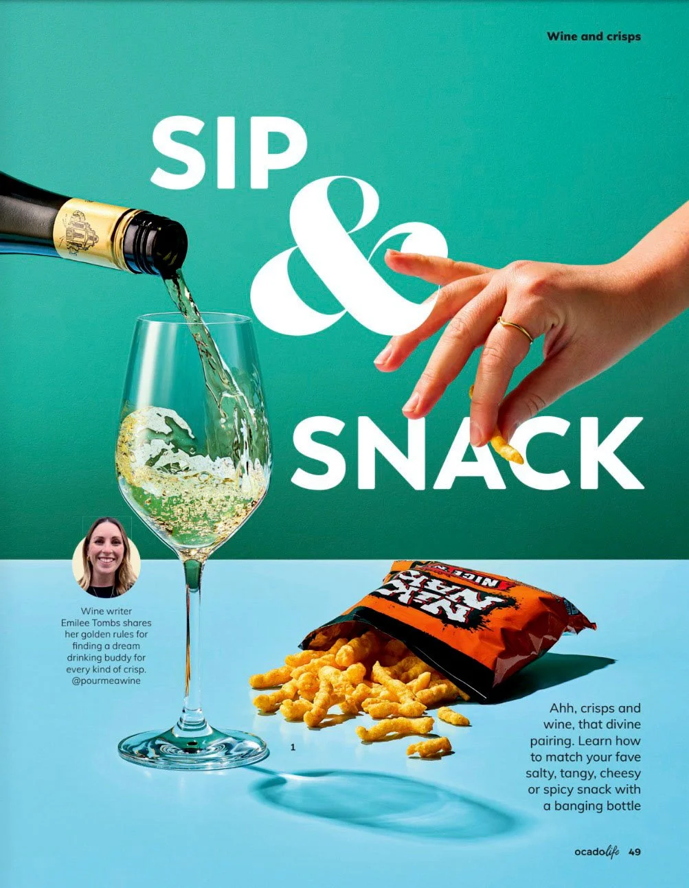 A wine glass being filled with sparkling wine from a bottle, a bag of snack crackers spilling next to the glass, with a teal background and text about pairing wine and crisps.