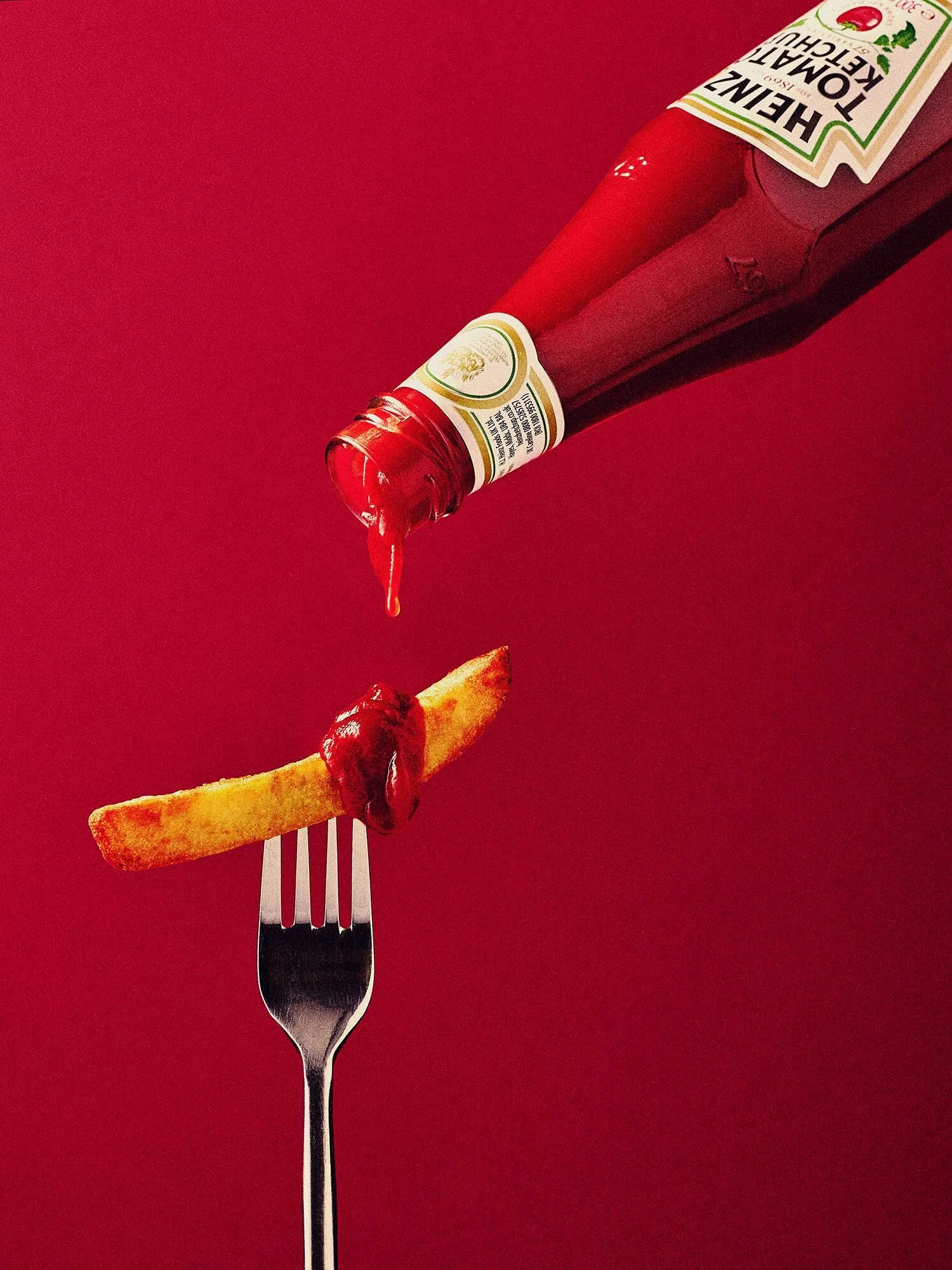Ryan Ball food photographer — Heinz Tomato Ketchup Chip and fork still life, commercial food photography London