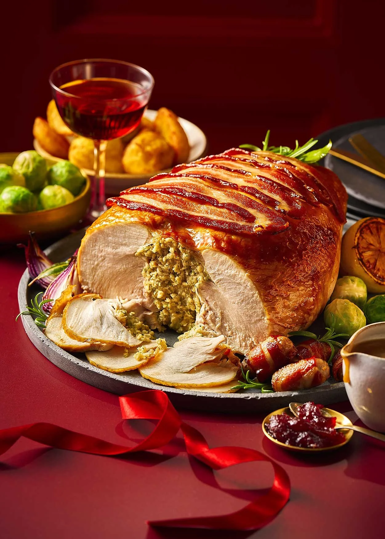 Herb-crusted stuffed turkey with bacon-wrapped sausages, Brussels sprouts, roasted potatoes, cranberry sauce, gravy, and a glass of red wine on a festive table.