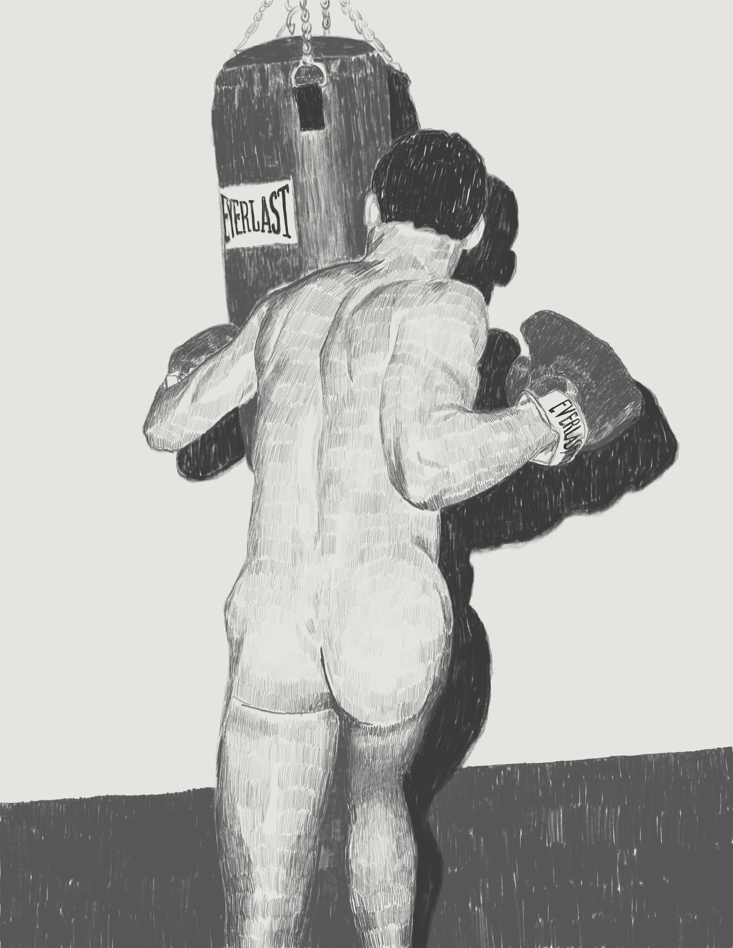 Naked men boxing.