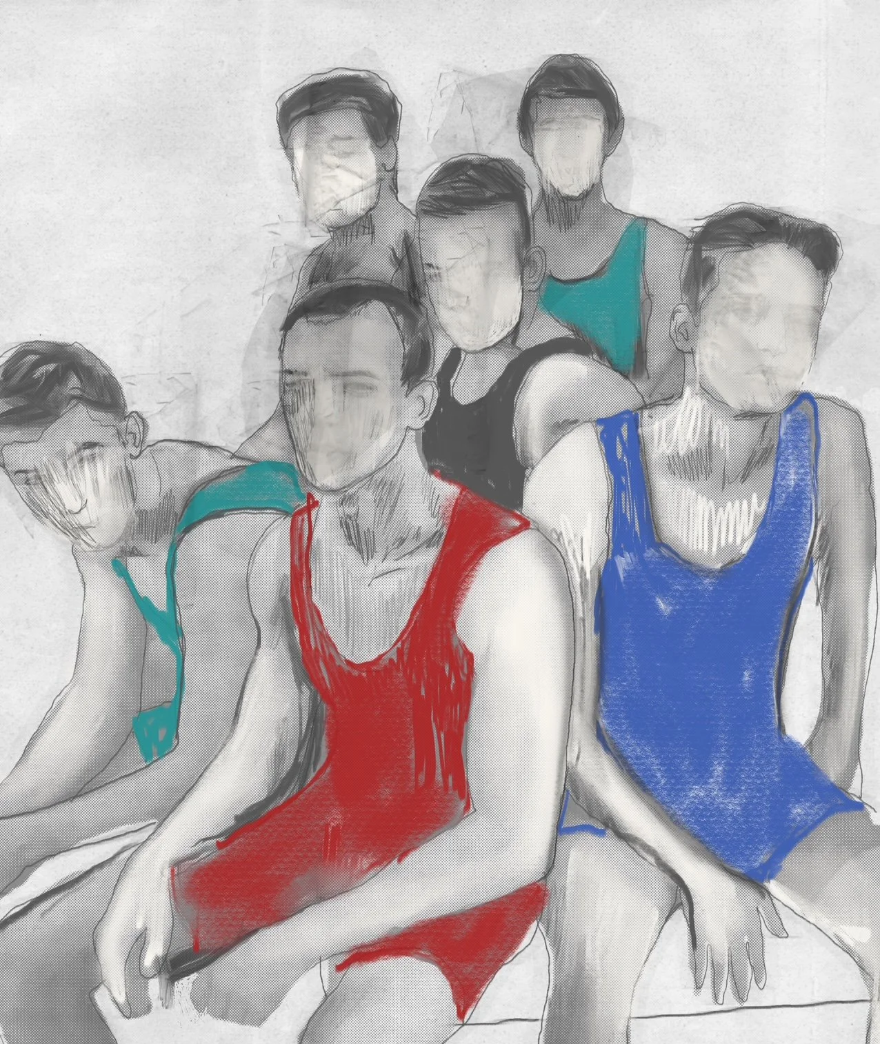 A group of young men sitting together, some wearing sports jerseys in red, blue, and teal, with some faces blurred or edited.