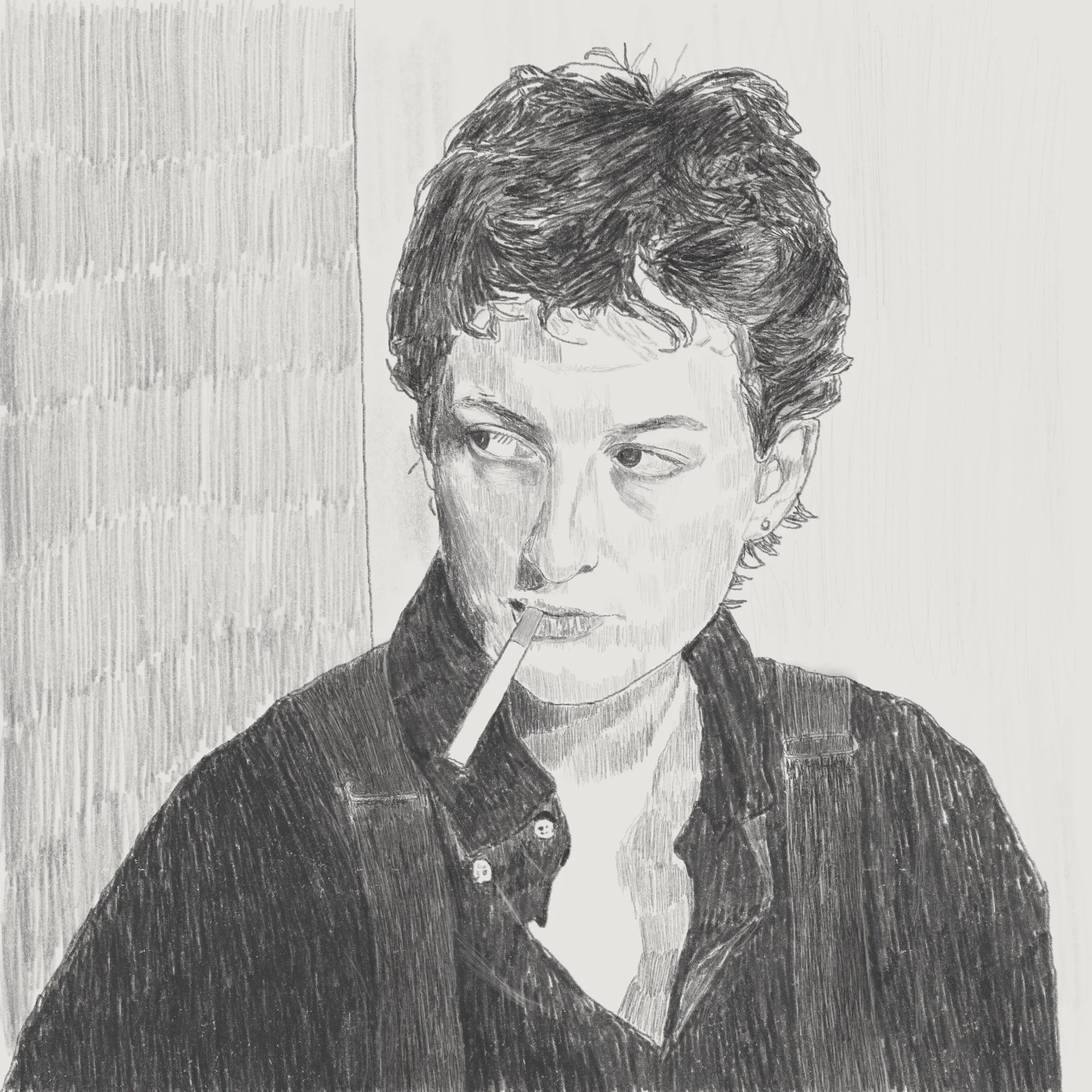 Dessin en noir et blanc de Sarah Kane, cigarette à la bouche, portant un vêtement foncé, regardant vers la droite.