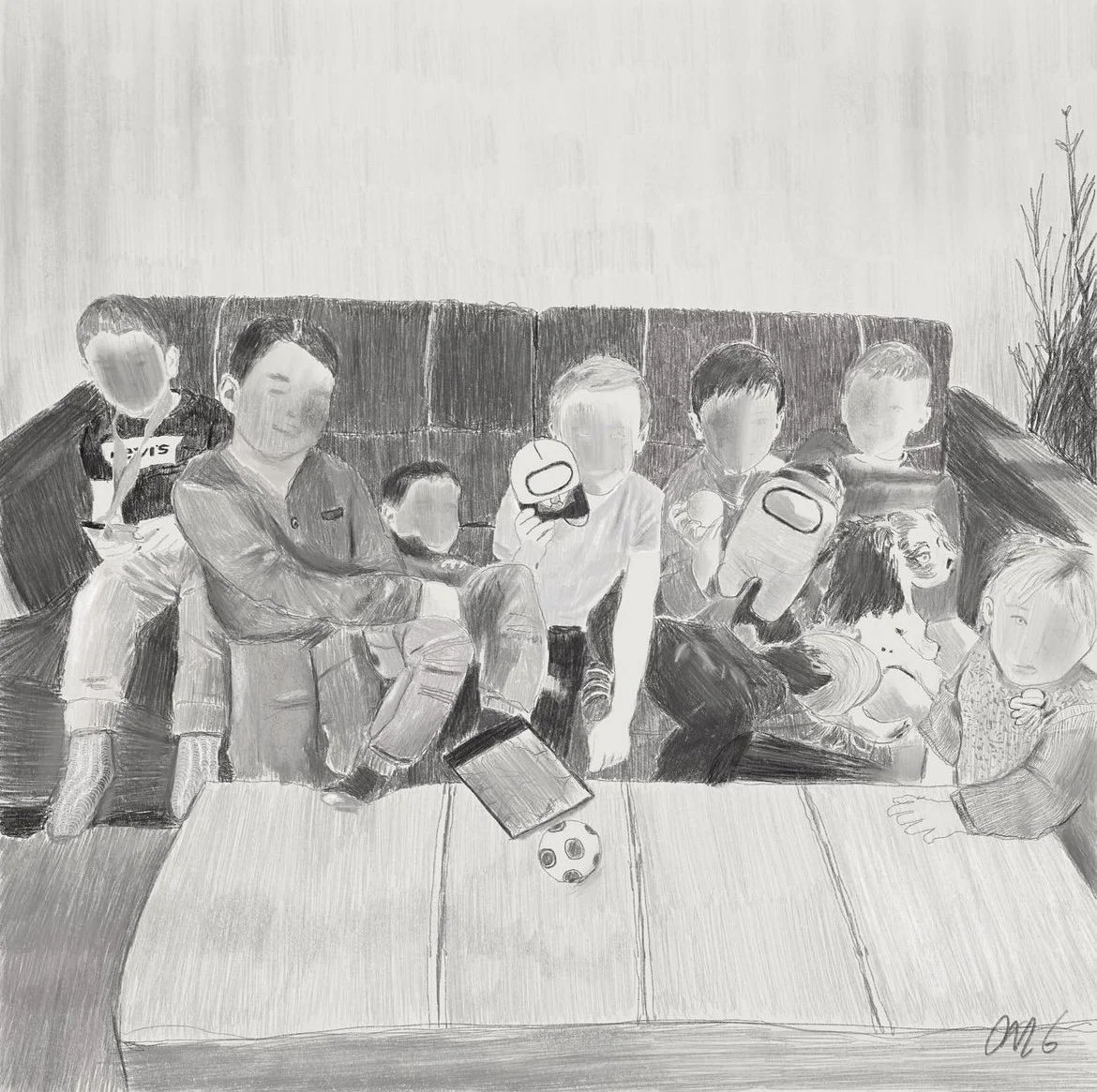 Dessin en noir et blanc d'une famille avec plusieurs enfants assis à une table, certains tenant des jouets ou des objets, dans un intérieur.